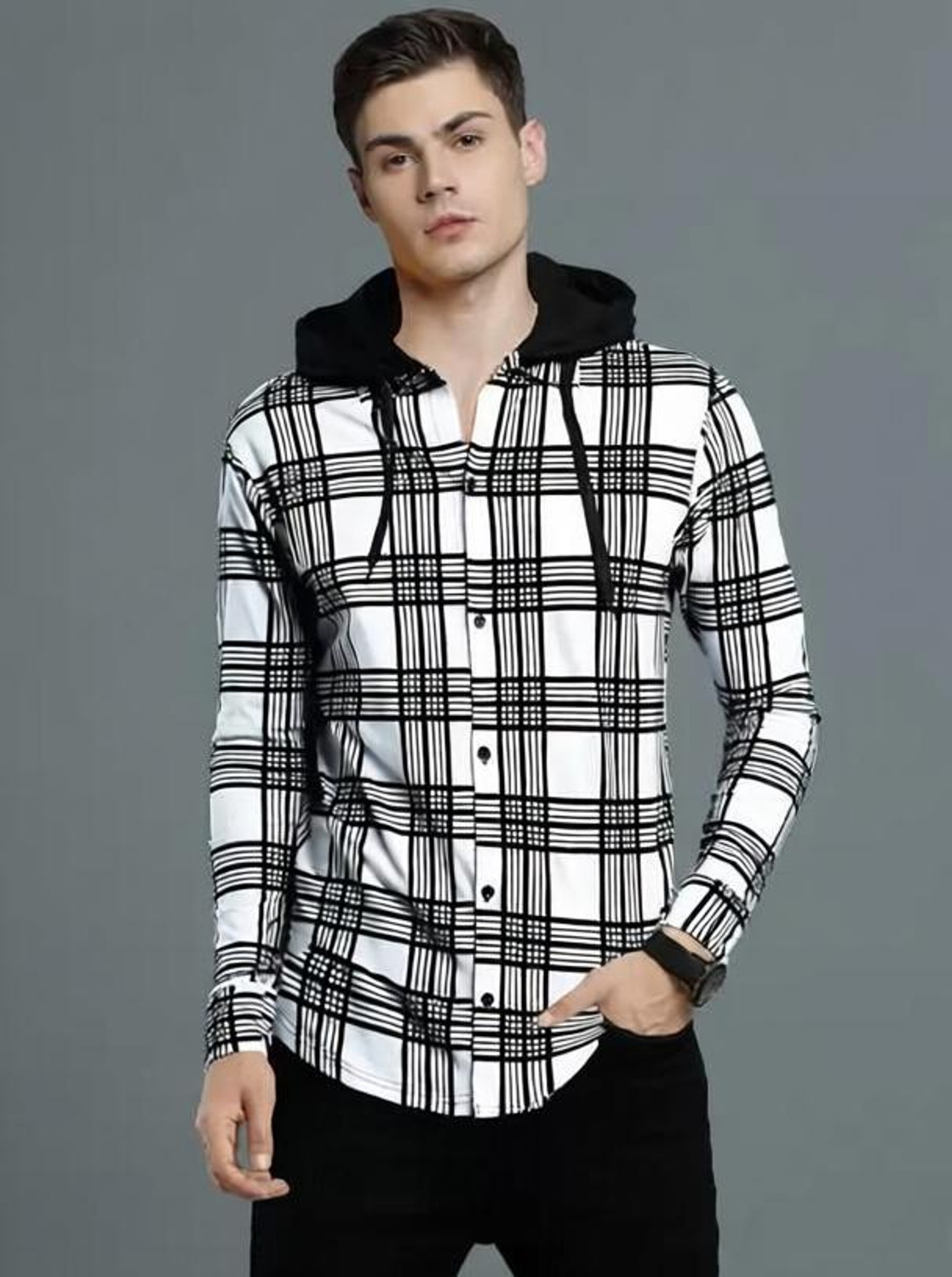 Image of OSCILLATE Men Regular Fit Checkered Hood Collar Casual Shirt