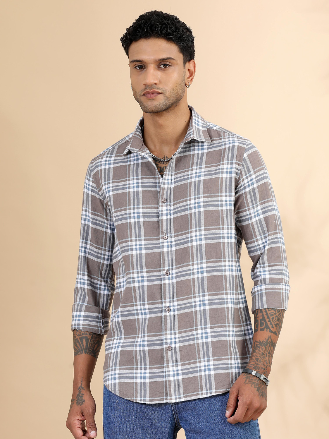 Image of Bushirt Men Regular Fit Checkered Spread Collar Casual Shirt