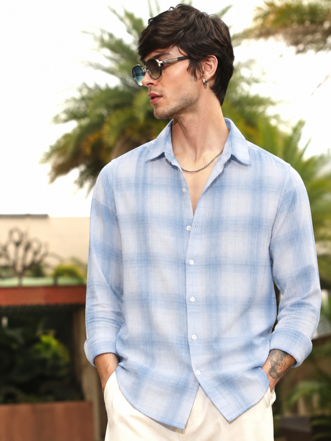 Image of S-LINE Men Slim Fit Solid Mandarin Collar Casual Shirt