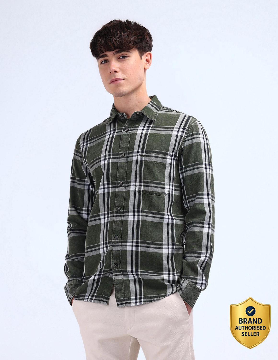 Image of FLYING MACHINE Men Slim Fit Checkered Spread Collar Casual Shirt