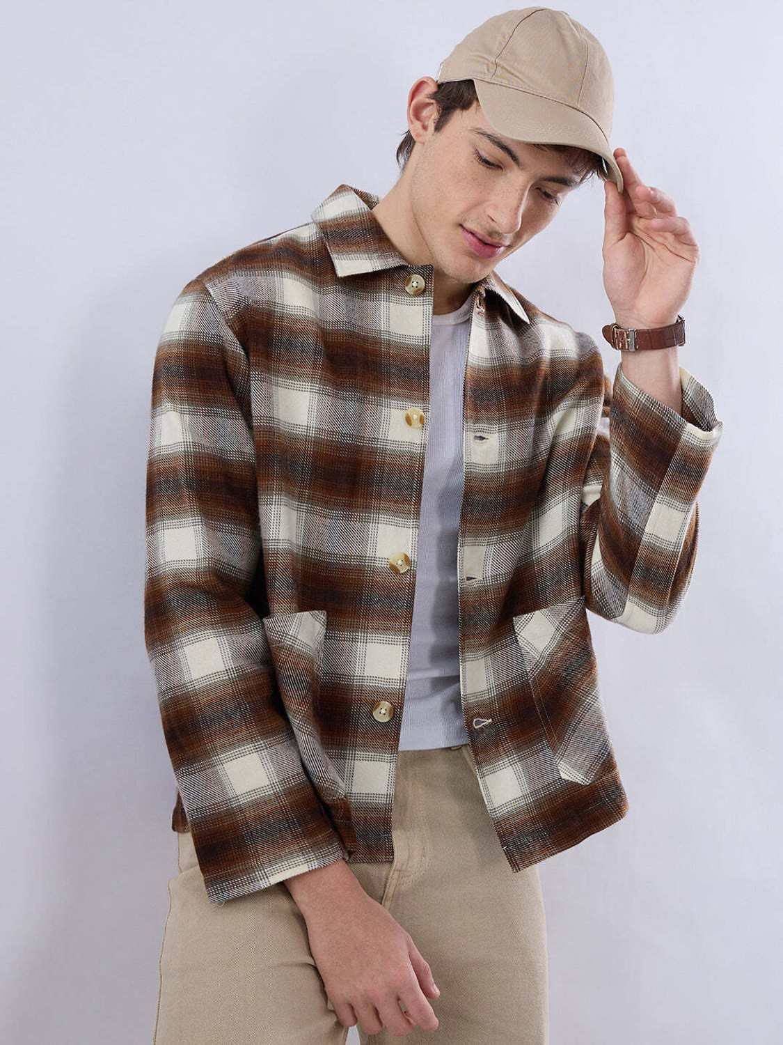 Image of VASTRADO Men Oversized Fit Checkered Cut Away Collar Casual Shirt