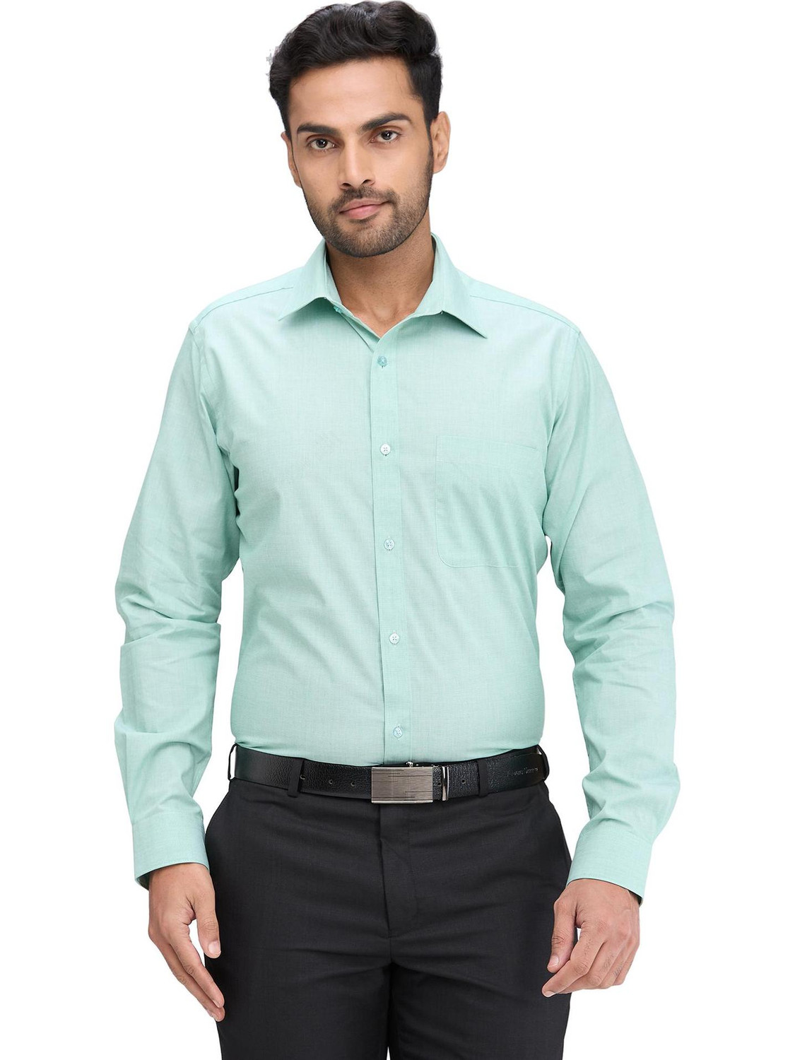 Image of Raymond Men Regular Fit Self Design Spread Collar Formal Shirt