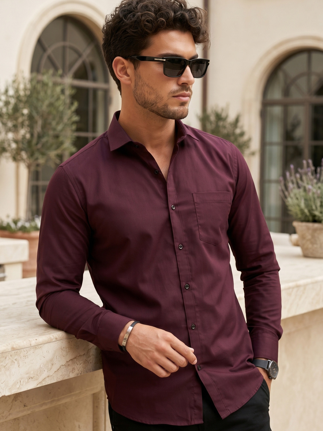 Image of SANBROS Men Regular Fit Solid Spread Collar Casual Shirt