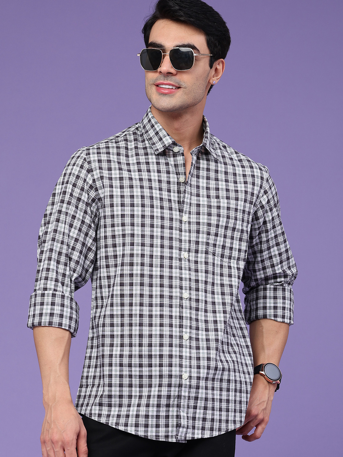 Image of VASTRADO Men Oversized Fit Checkered Cut Away Collar Casual Shirt