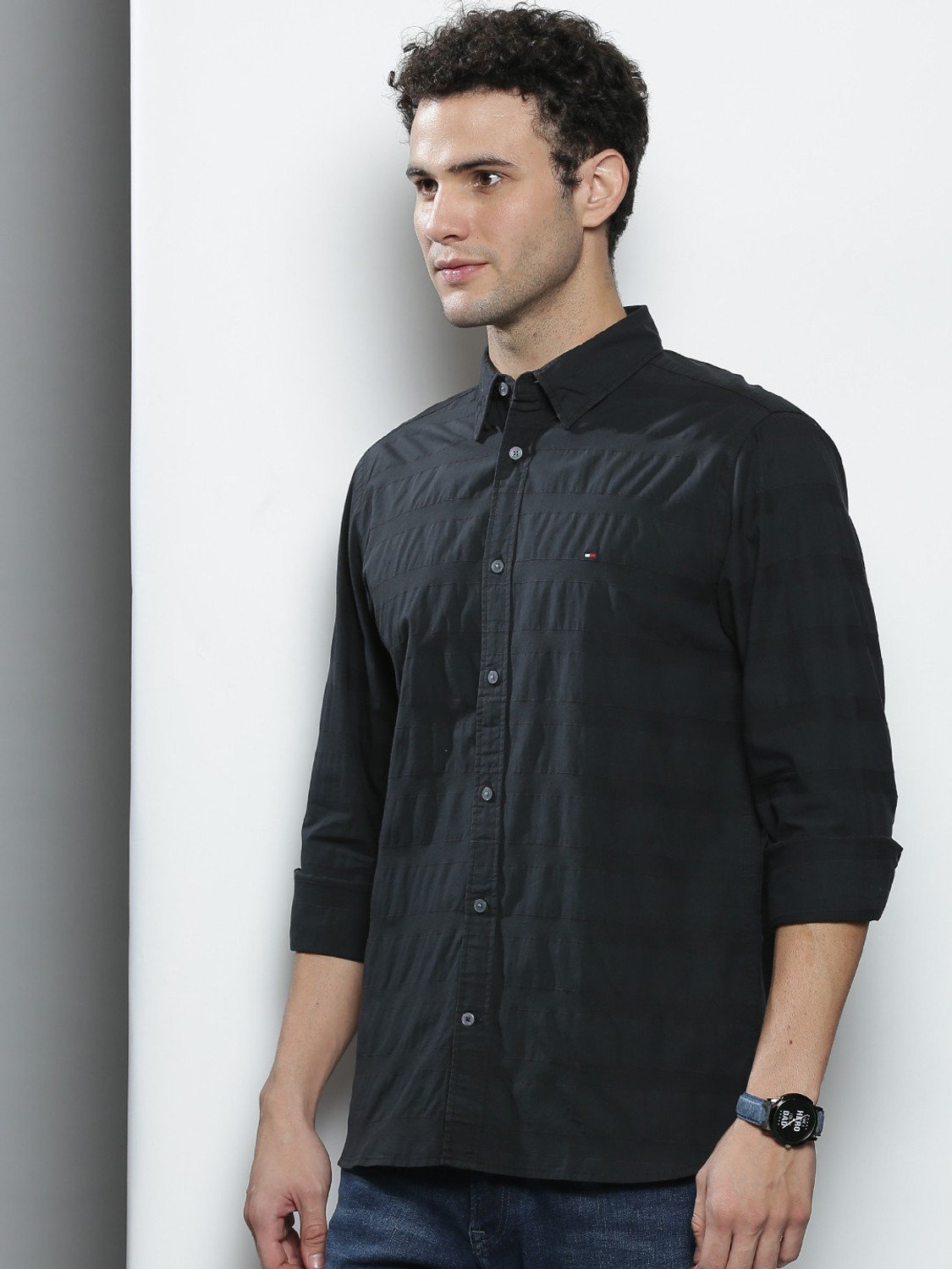 TOMMY HILFIGER Men Striped Casual Black Shirt Price History