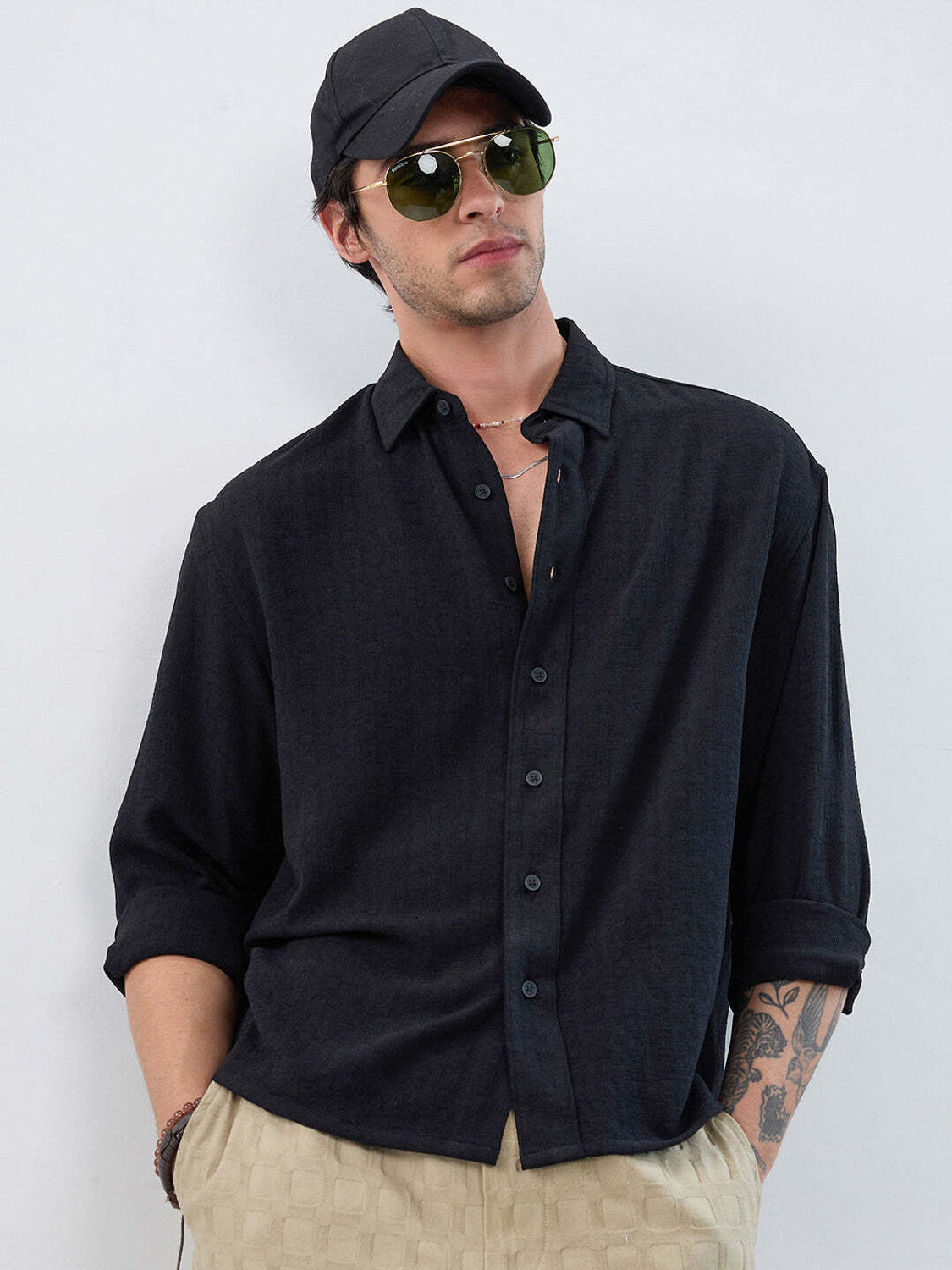 Image of VASTRADO Men Oversized Fit Checkered Cut Away Collar Casual Shirt