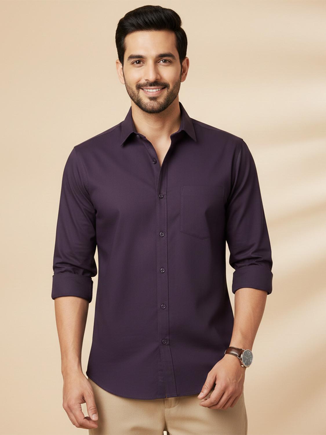 Image of S-LINE Men Slim Fit Solid Mandarin Collar Casual Shirt