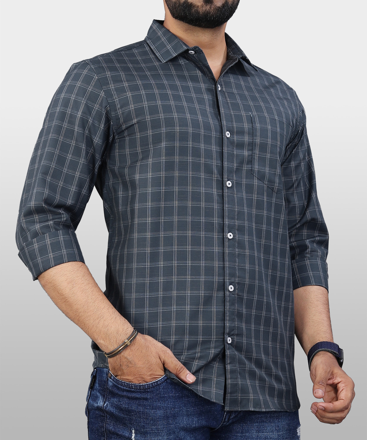 Image of VeBNoR Men Regular Fit Checkered Spread Collar Formal Shirt