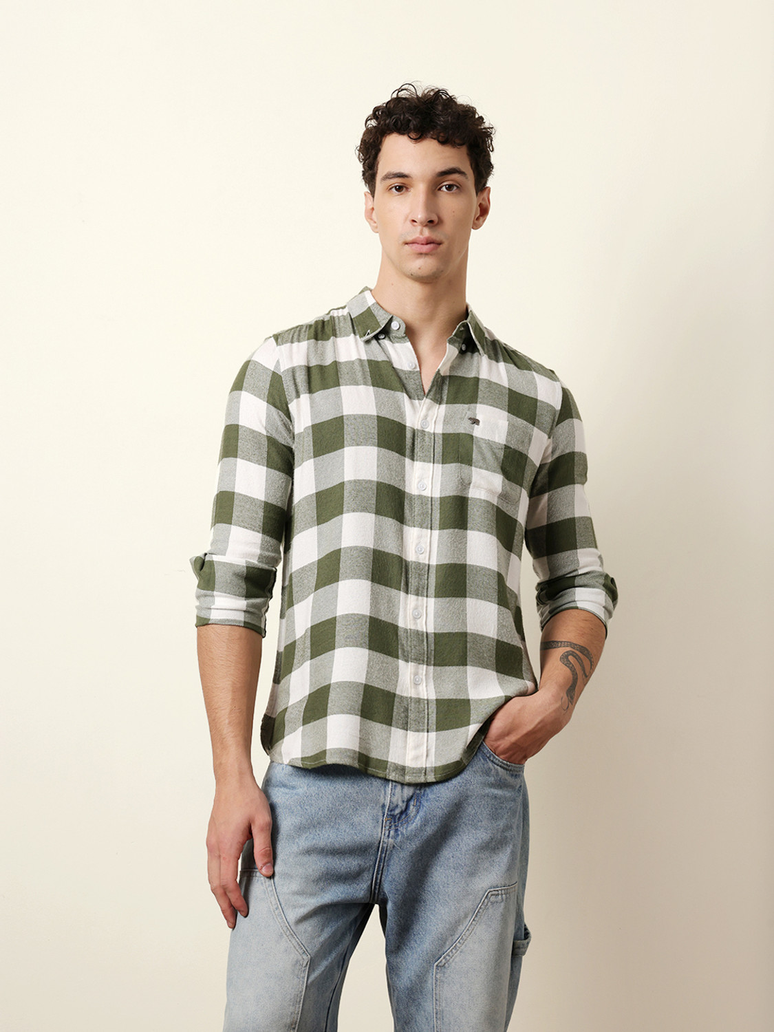 bear house men checkered casual green shirt