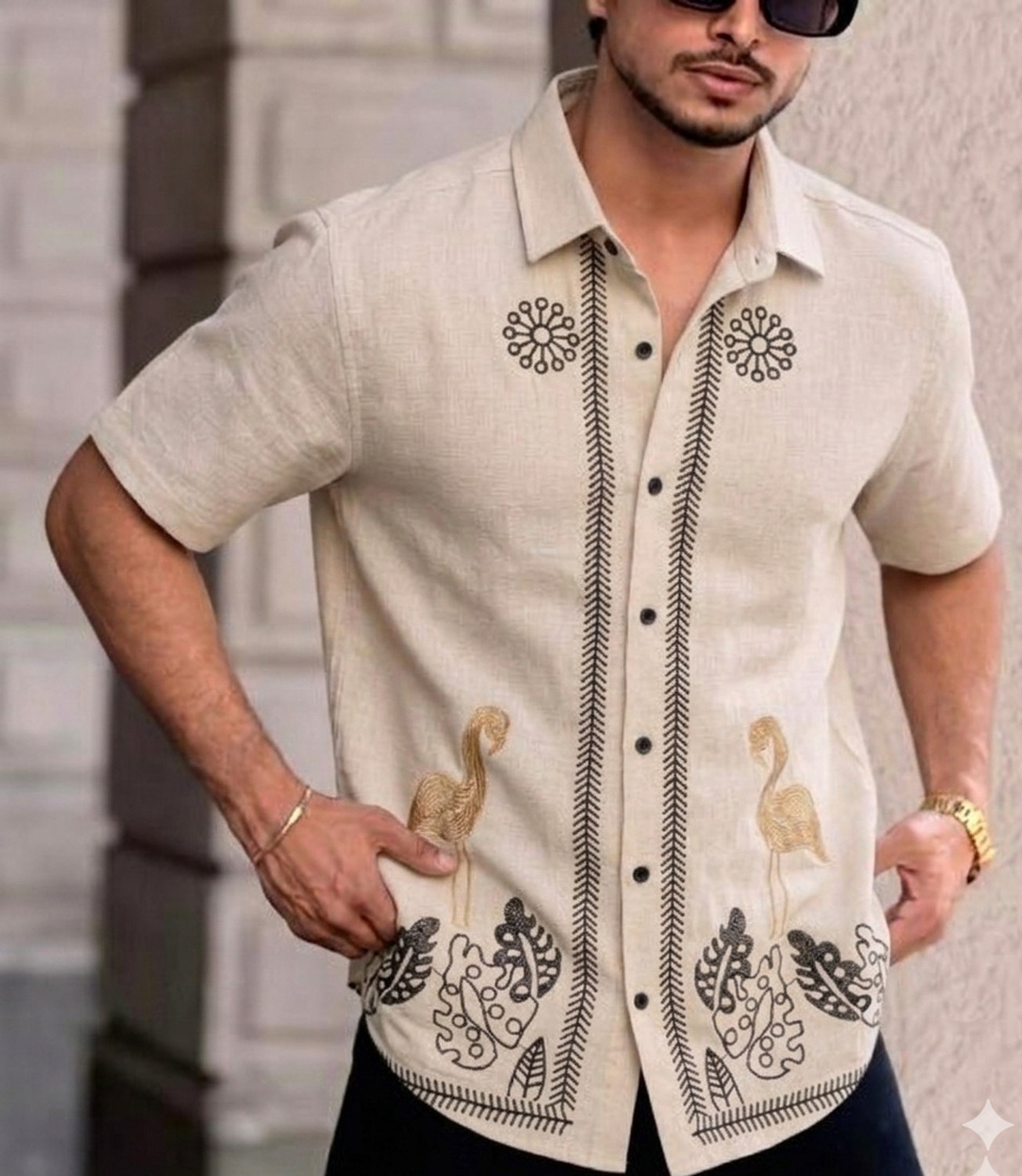 Image of TorontoCN Men Regular Fit Embroidered Spread Collar Casual Shirt
