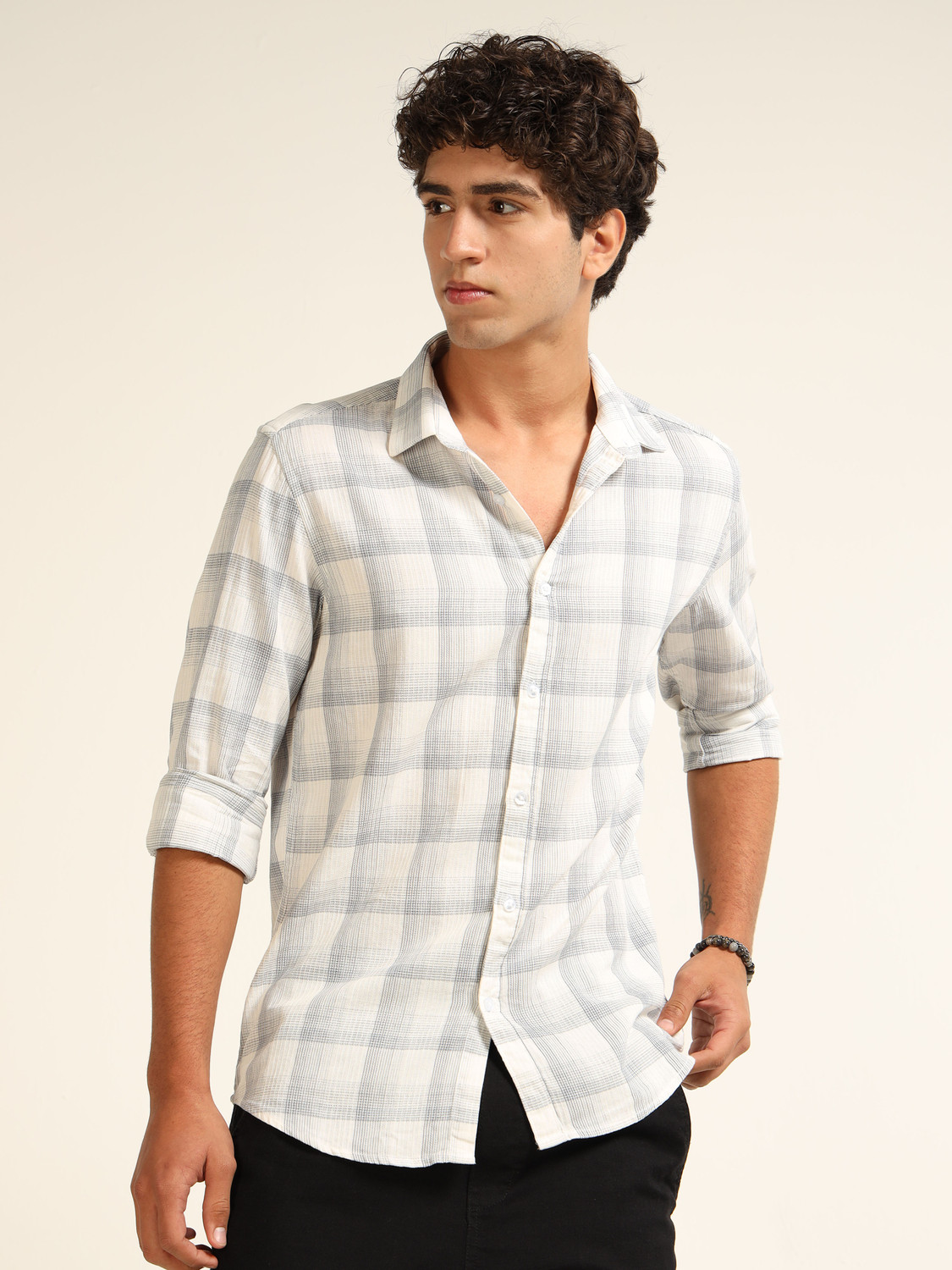 Image of Bushirt Men Regular Fit Checkered Spread Collar Casual Shirt