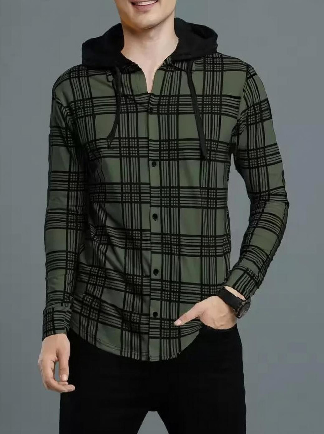 Image of OSCILLATE Men Regular Fit Checkered Hood Collar Casual Shirt