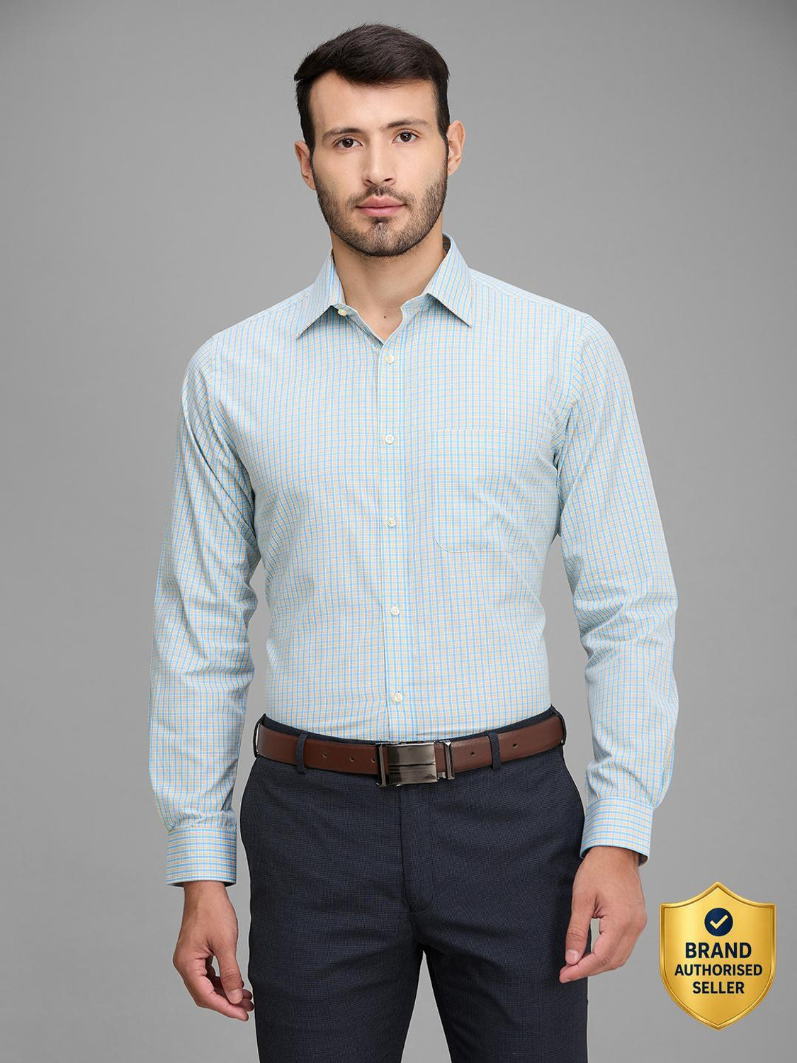 Image of Raymond Men Regular Fit Self Design Spread Collar Formal Shirt