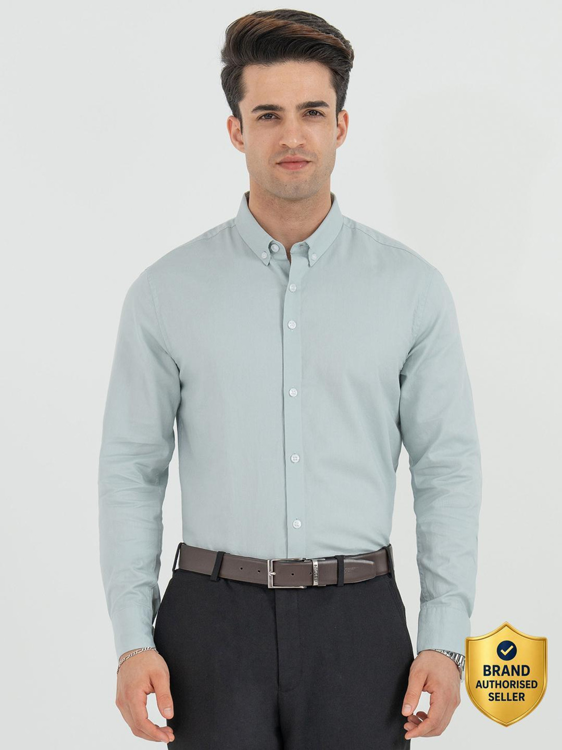 Image of Raymond Men Regular Fit Self Design Spread Collar Formal Shirt