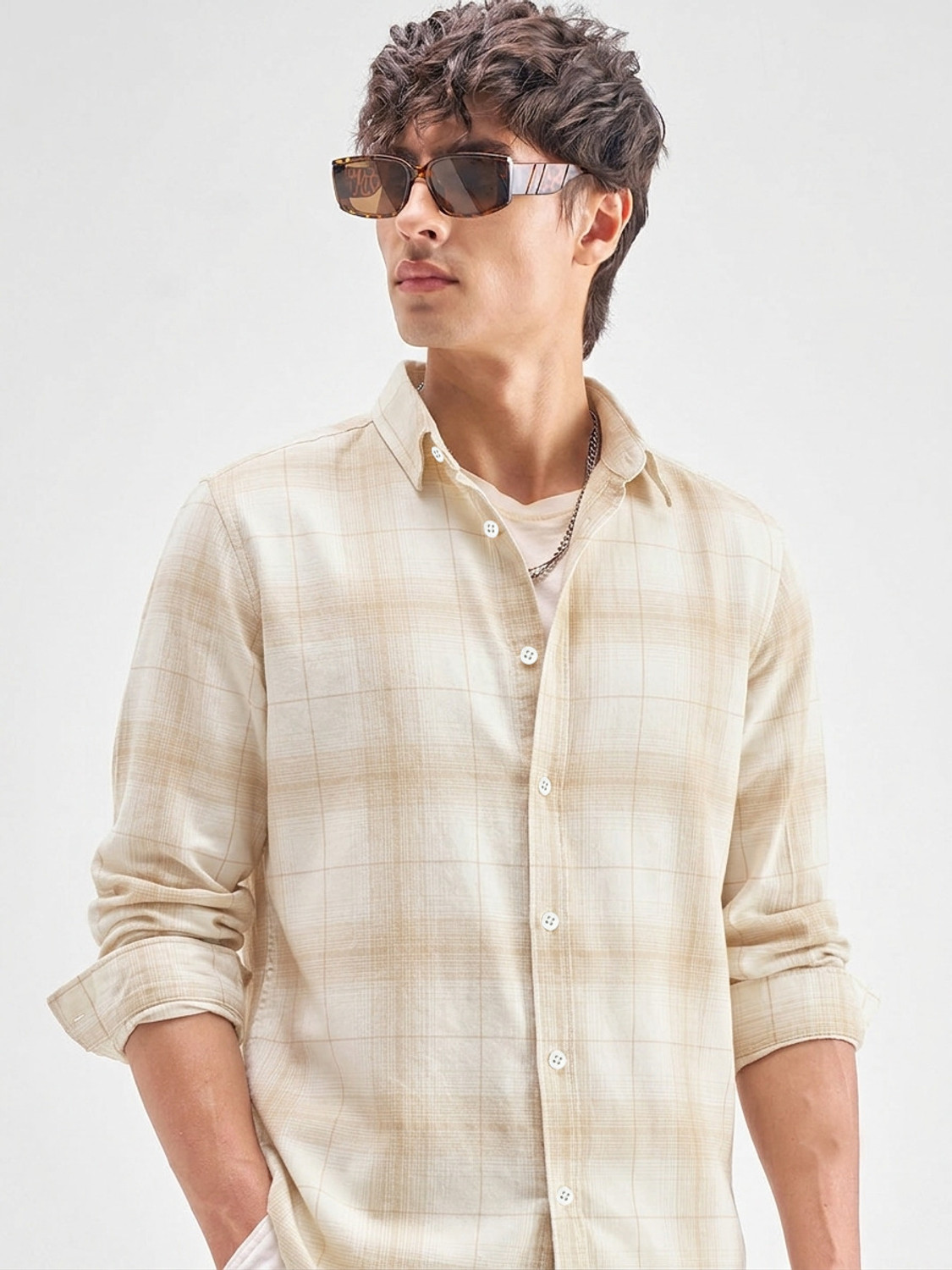 Image of S-LINE Men Slim Fit Solid Mandarin Collar Casual Shirt