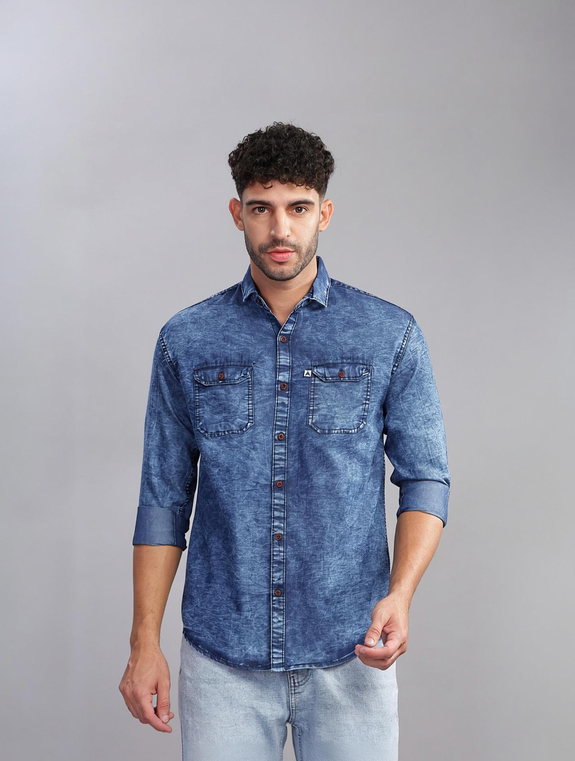Image of AIDAN PAUL Men Regular Fit Washed Cut Away Collar Casual Shirt