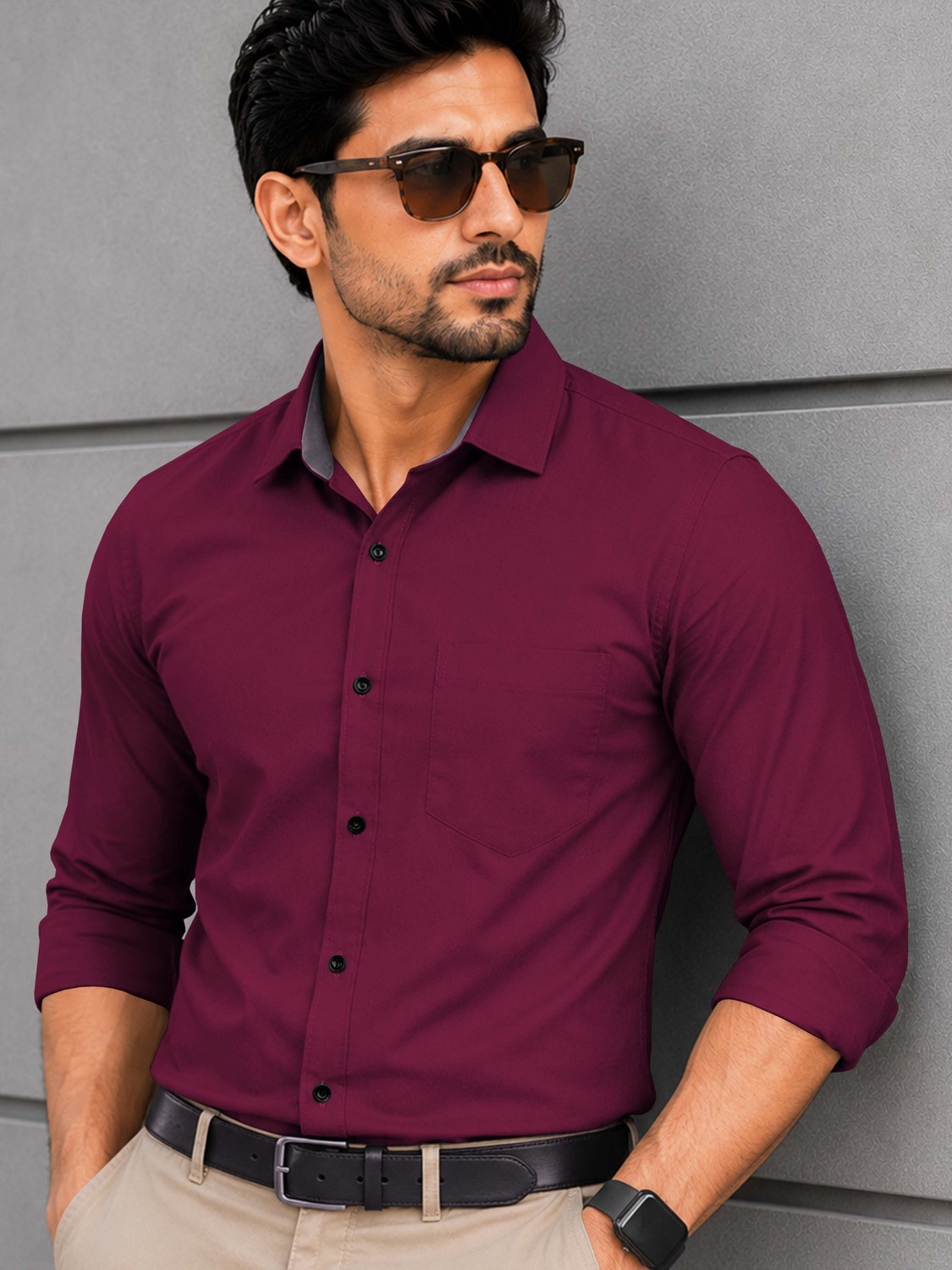 Image of FIBERMILL Men Slim Fit Solid Spread Collar Formal Shirt