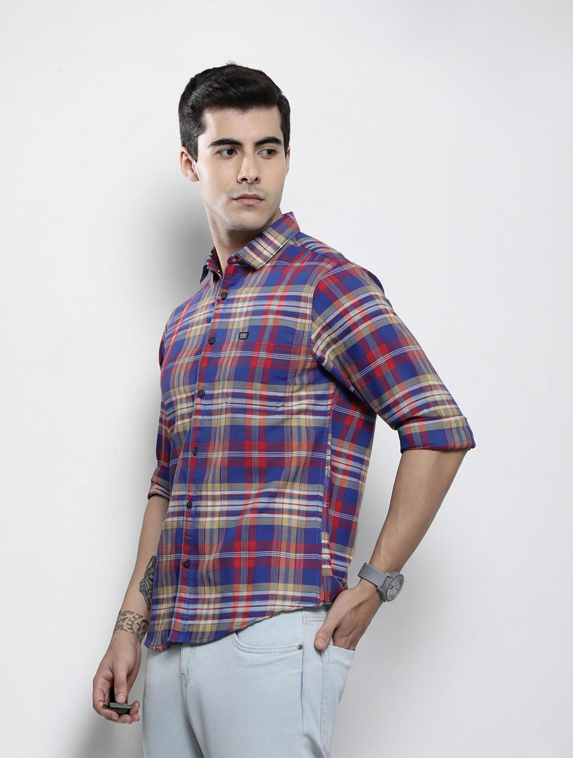 The Indian Garage Co. Men Checkered Casual Blue Shirt