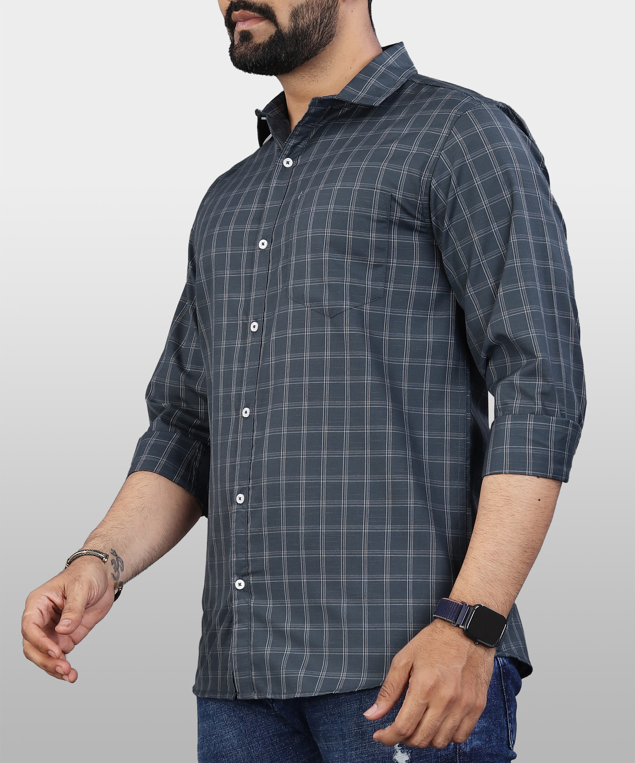 Image of VeBNoR Men Regular Fit Checkered Spread Collar Formal Shirt