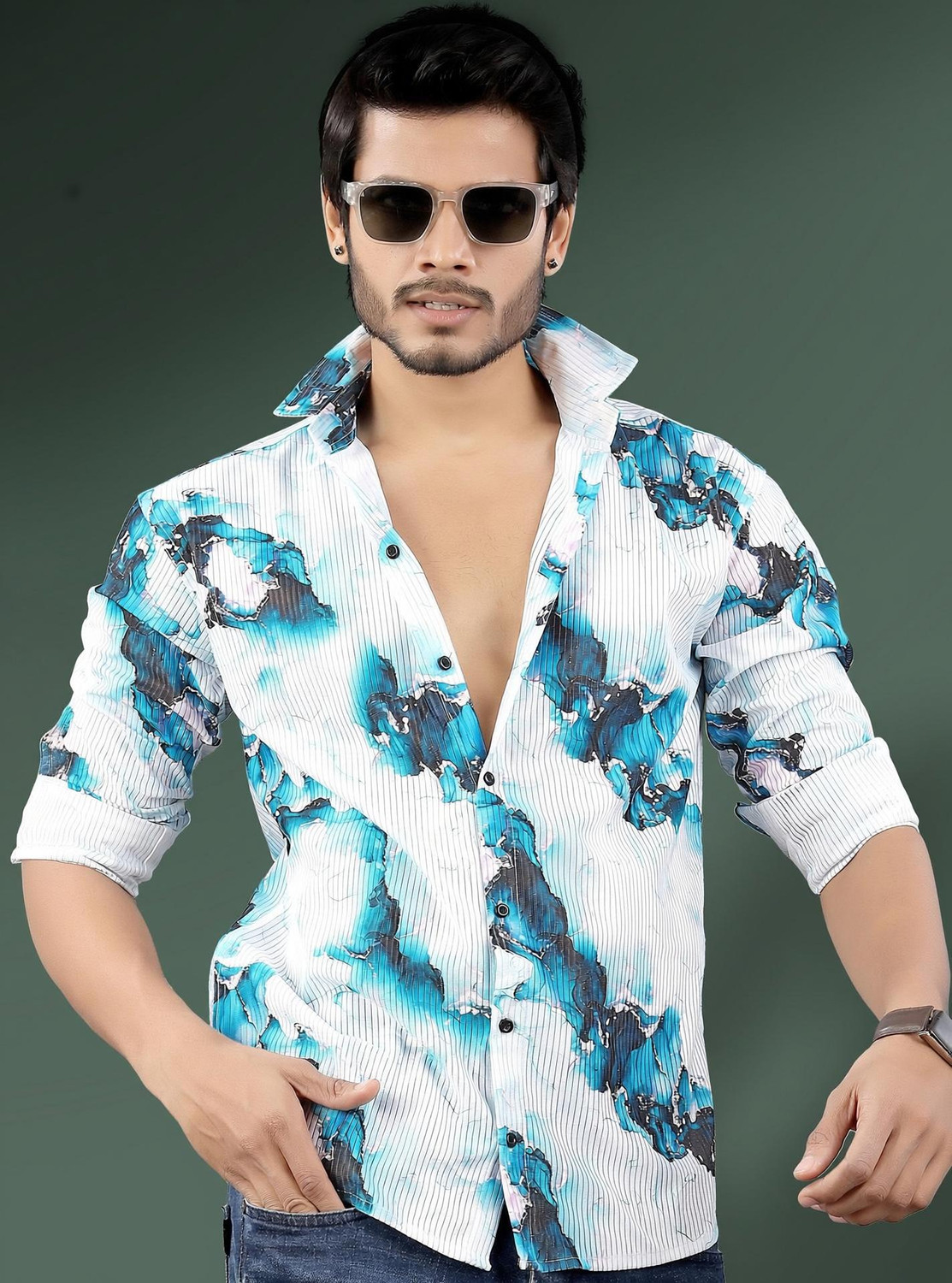 Image of french crown Men Regular Fit Printed Mandarin Collar Casual Shirt
