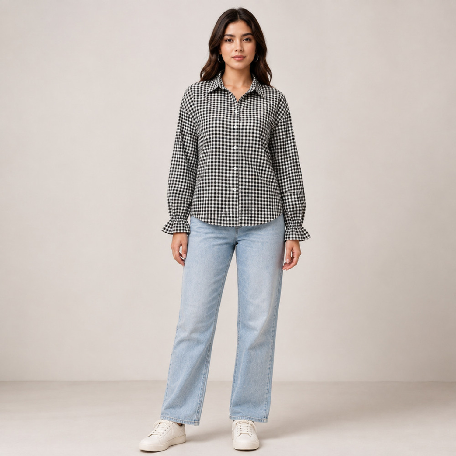 Image of Unikan Women Oversized Fit Checkered Button Down Collar Casual Shirt