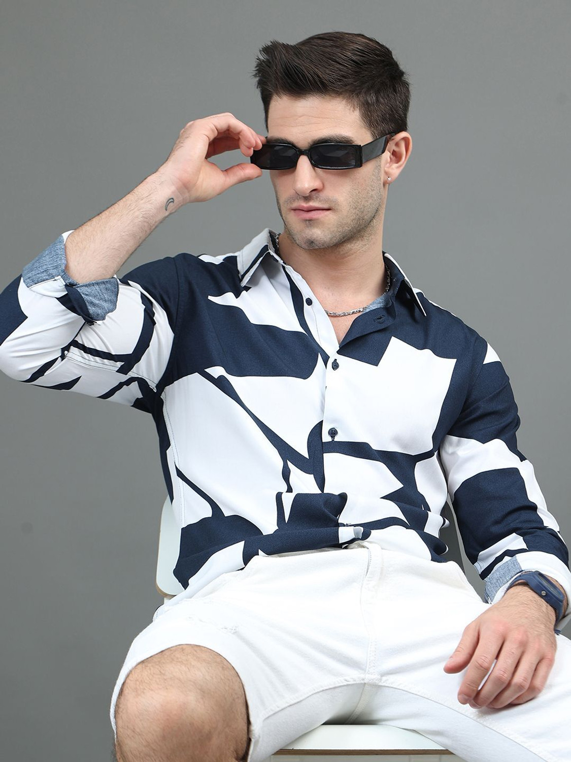 Image of french crown Men Regular Fit Printed Mandarin Collar Casual Shirt