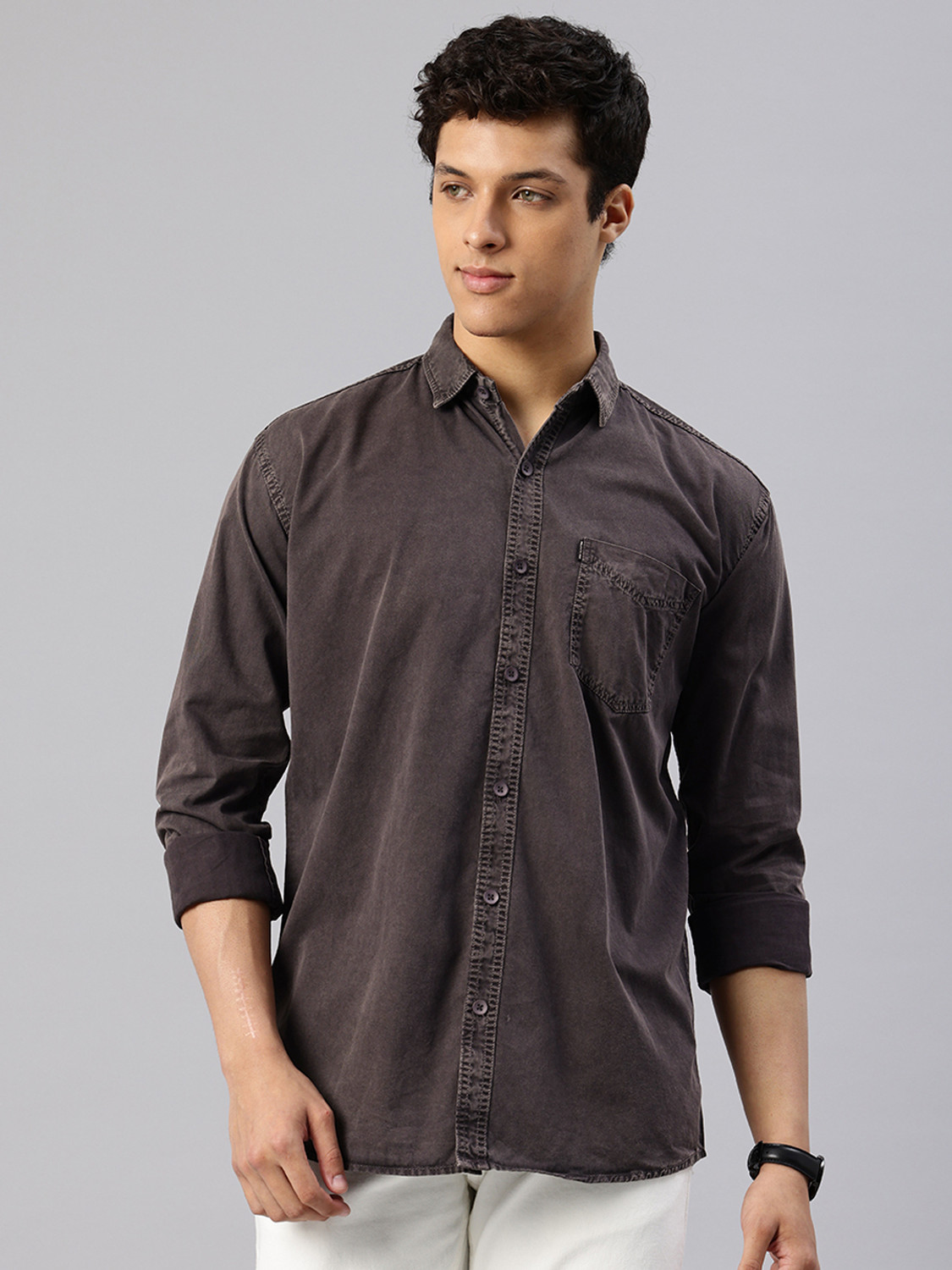Image of AIDAN PAUL Men Regular Fit Washed Cut Away Collar Casual Shirt
