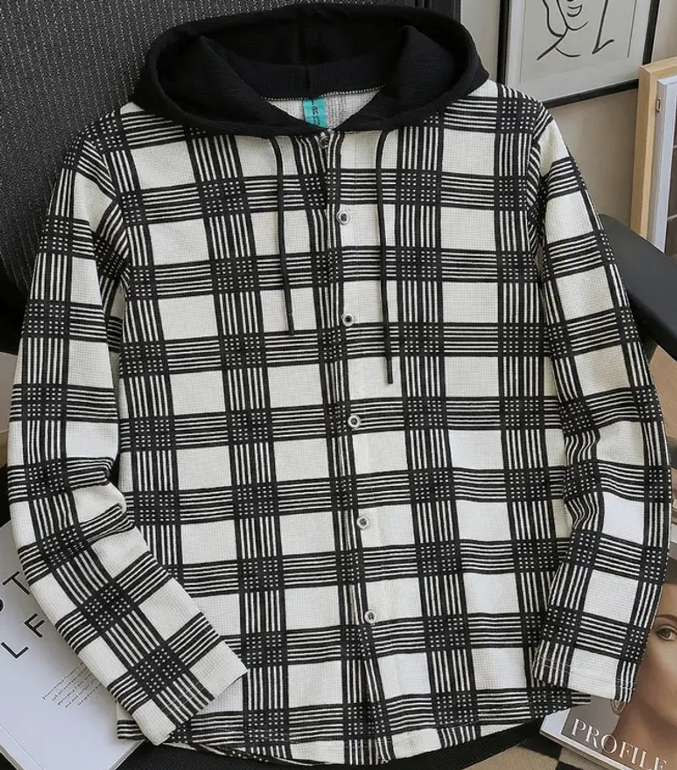 Image of OSCILLATE Men Regular Fit Checkered Hood Collar Casual Shirt