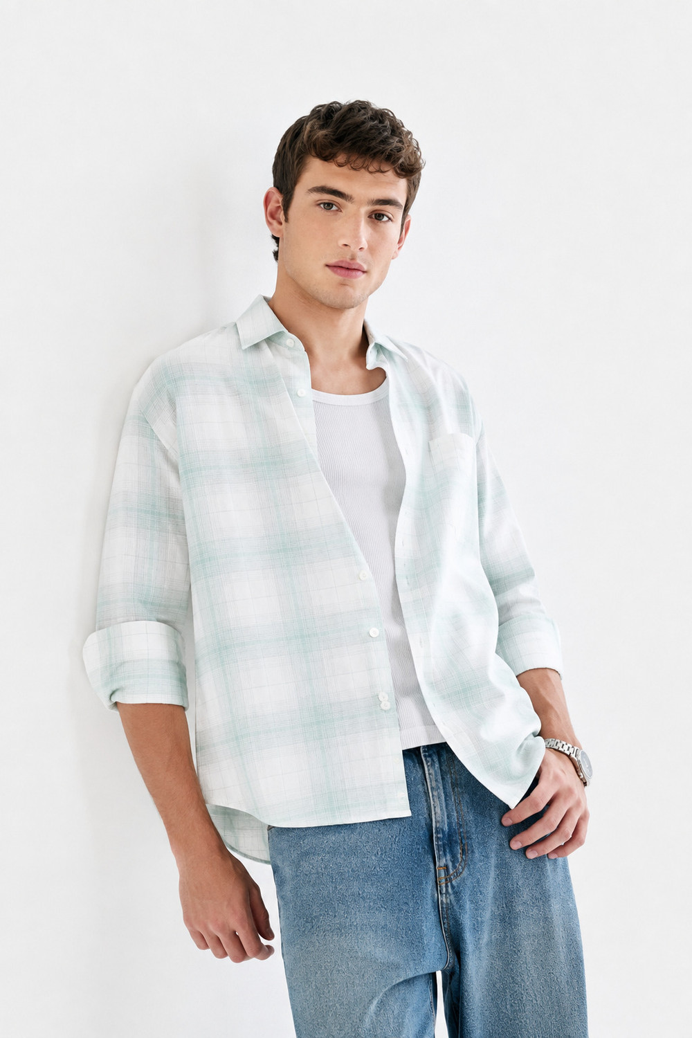 Image of S-LINE Men Slim Fit Solid Mandarin Collar Casual Shirt