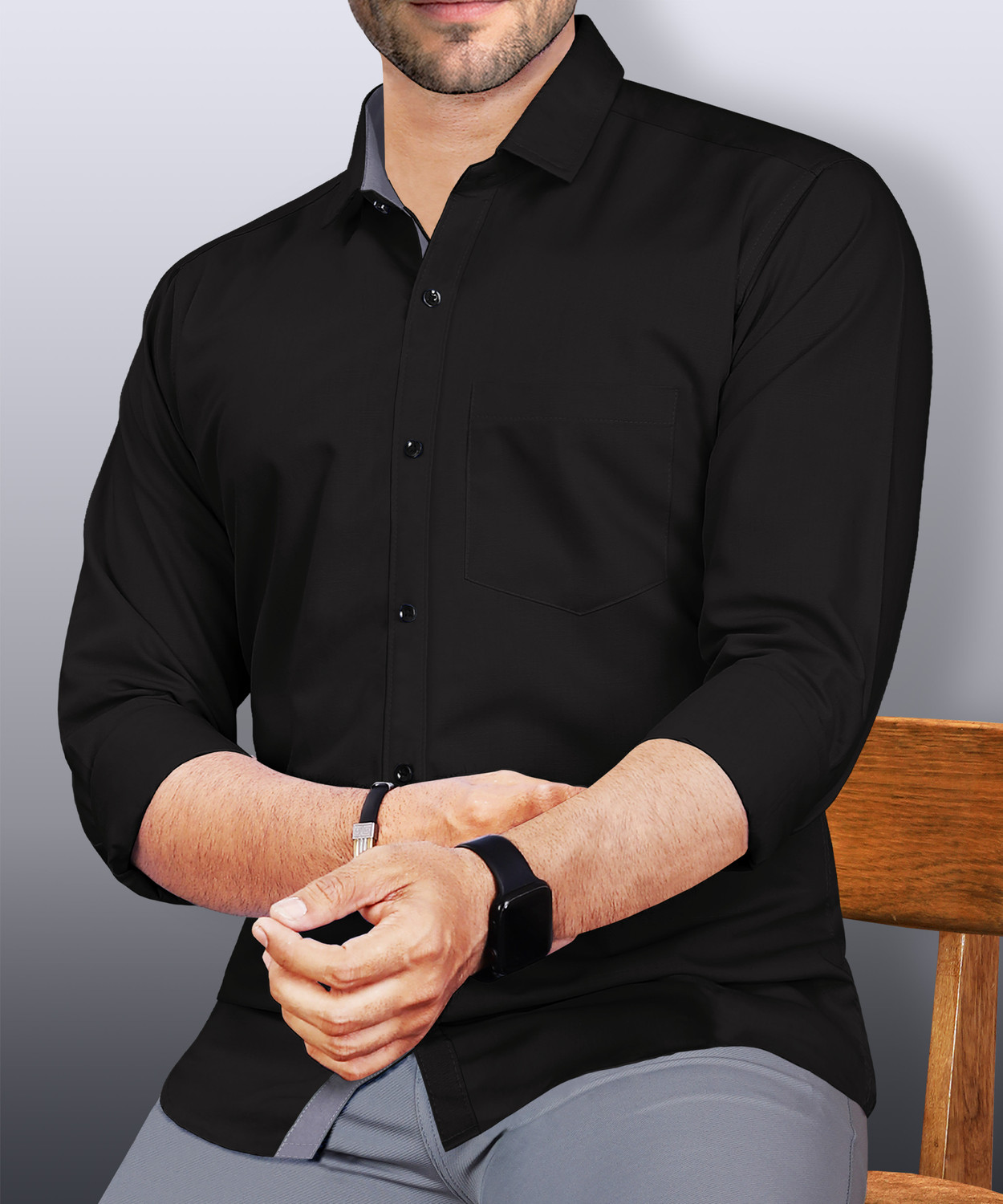 Men Slim Fit Solid Button Down Collar Casual Shirt