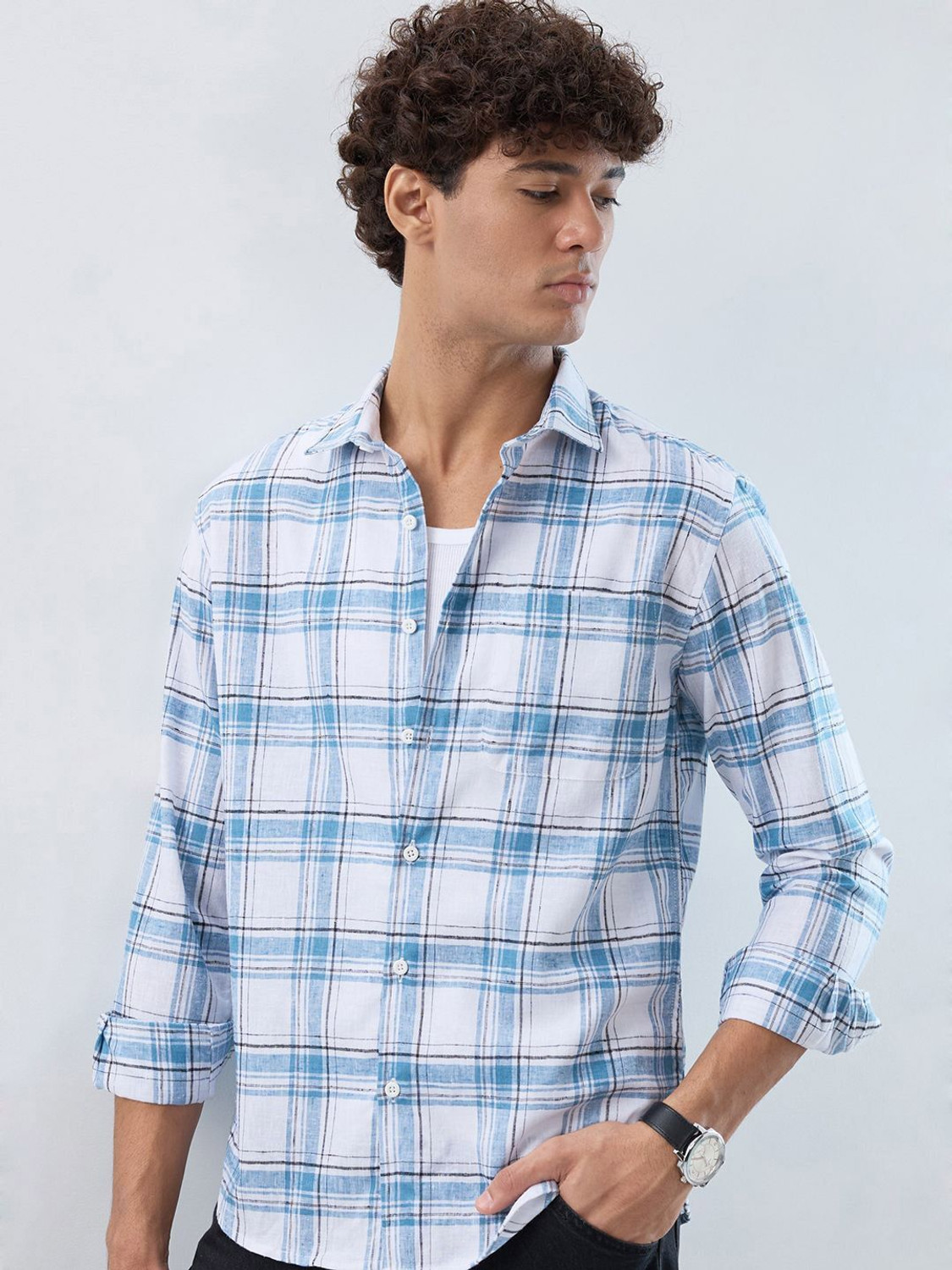 Image of Bushirt Men Regular Fit Checkered Spread Collar Casual Shirt