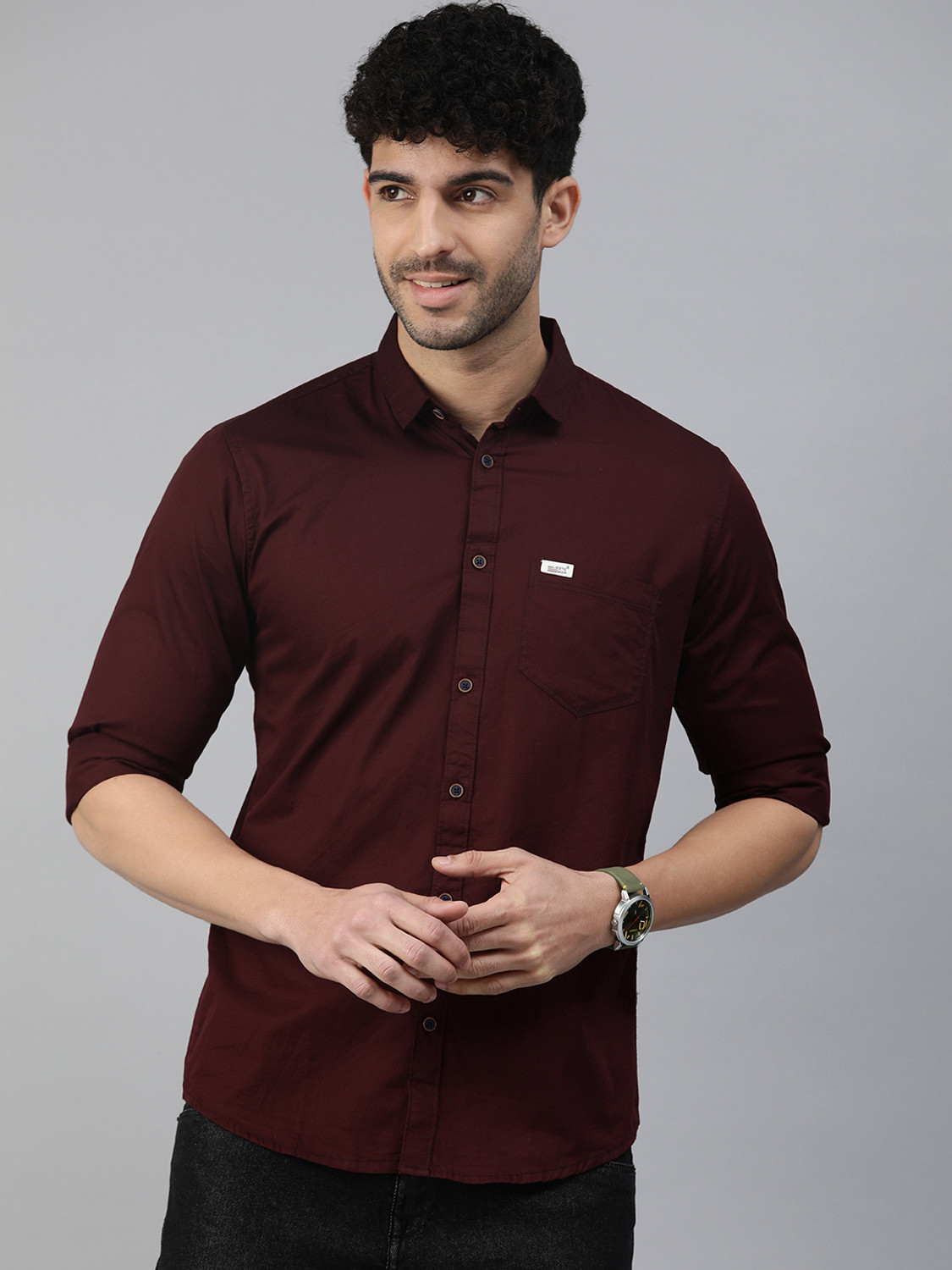 Image of FIBERMILL Men Slim Fit Solid Spread Collar Formal Shirt
