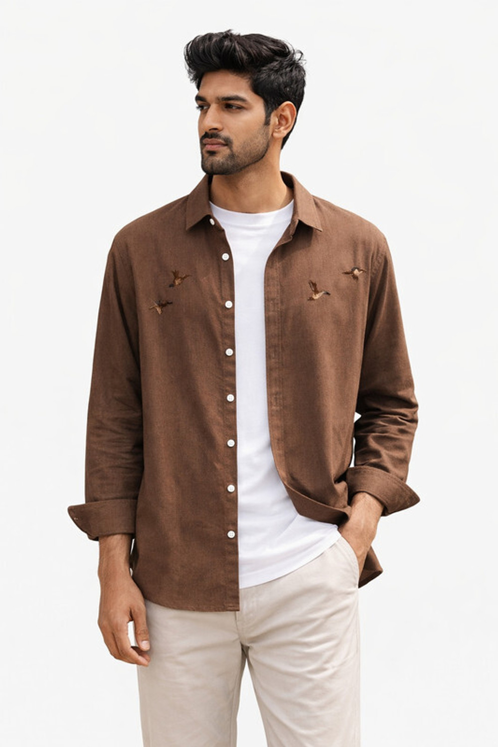 Image of TorontoCN Men Regular Fit Embroidered Spread Collar Casual Shirt