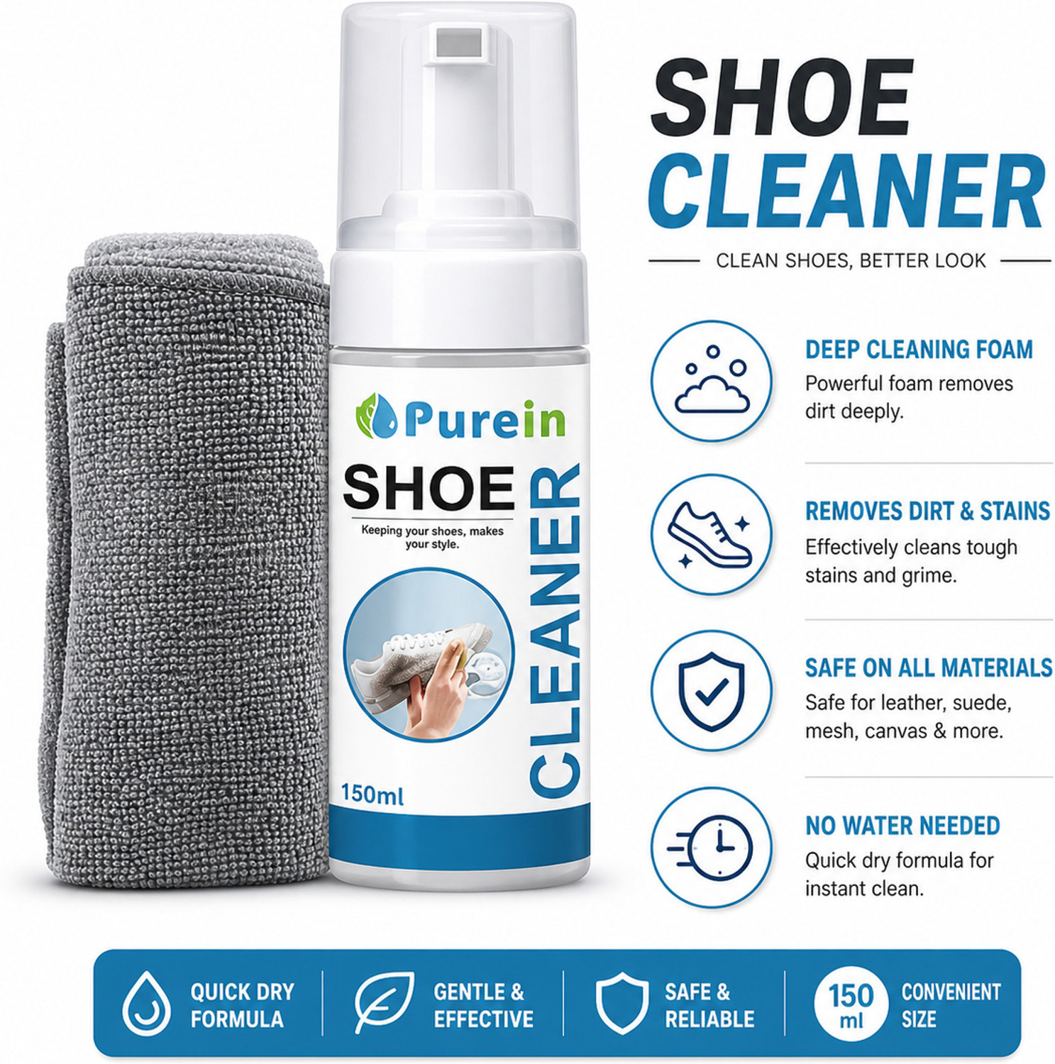 Image of Quikshines All-Purpose Shoe Cleaning Kit with Brush & Microfiber Cloth Cleaner (Leather, Generic, Leather, Sports Shoes, Synthetic Leather, White)