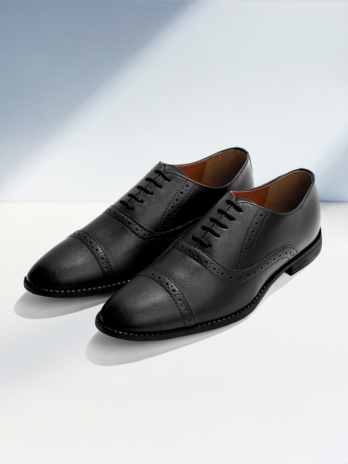 LOUIS STITCH Black Oxford Wingtip Style Italian Leather Lace Up Shoes 