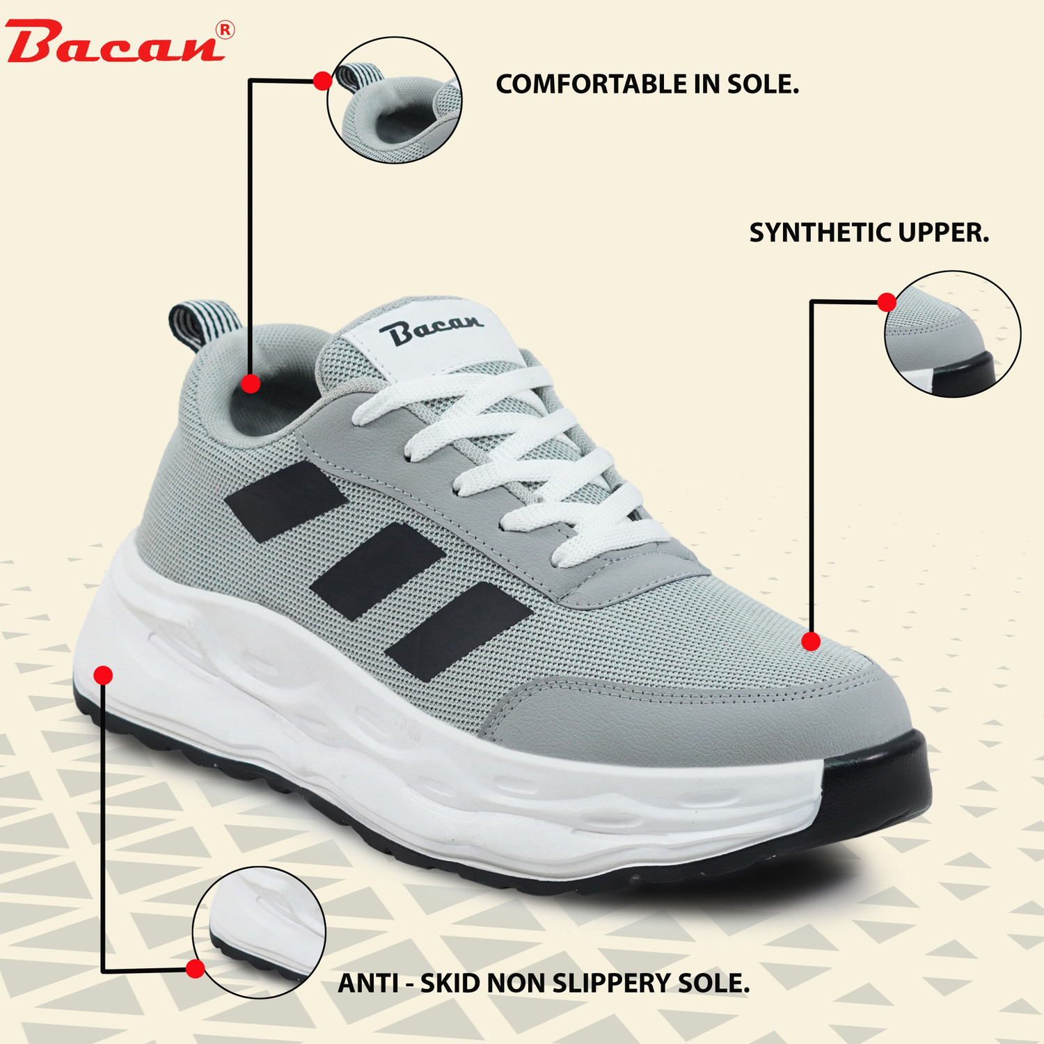 Image of Bacan Men's Premium Casual Sneakers | Stylish Lace-Up Shoes for Daily & Outdoor Wear Running Shoes For Men (Grey , 9)