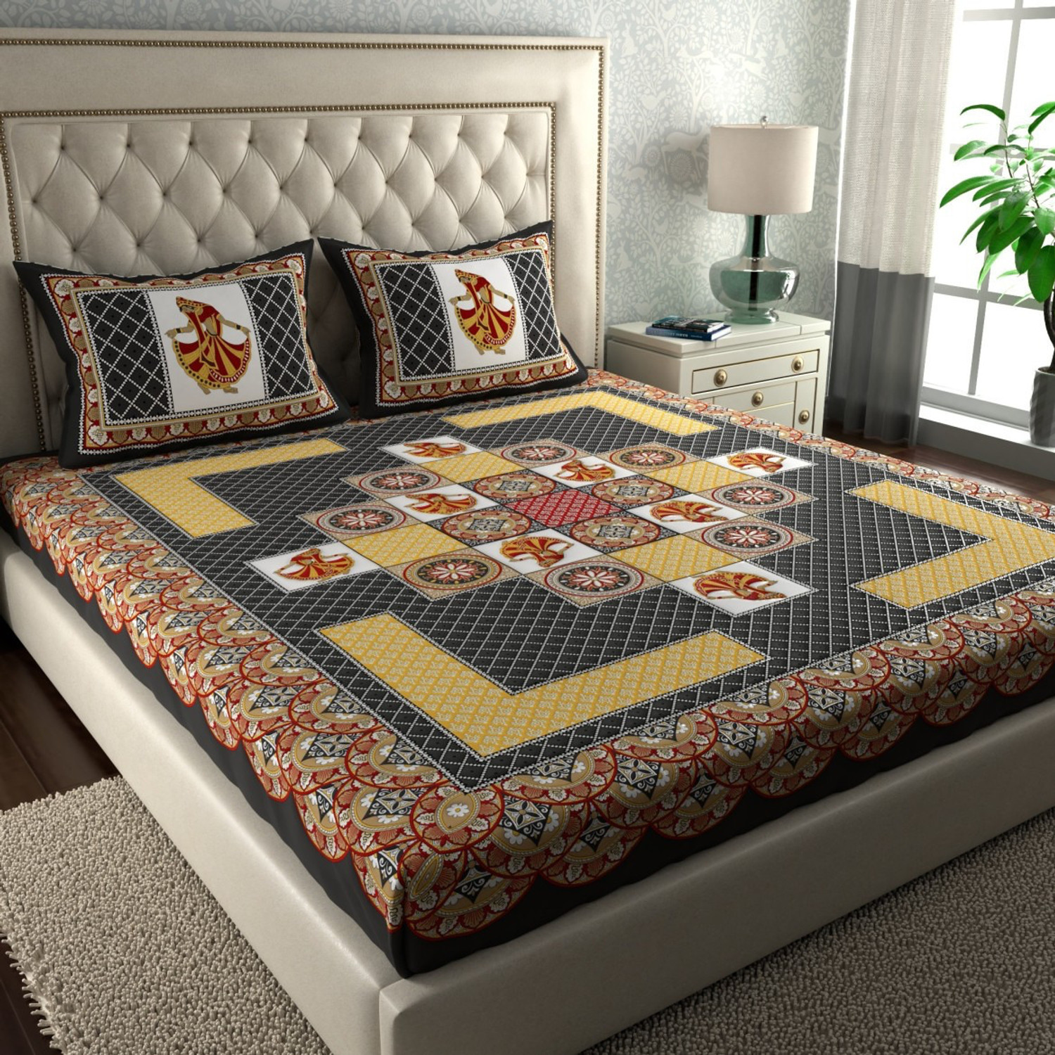 Image of Cosito Cotton Double Flat 144 TC Jaipuri Prints 1 Bedsheet with 2 Pillow Covers (Red)