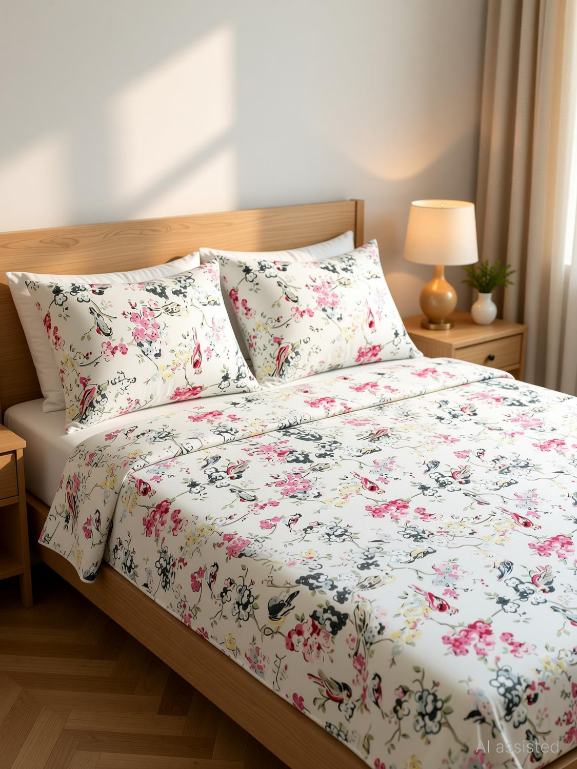 Image of HIYANSHI HOME FURNISHING Cotton King Fitted (Elastic) 250 TC Floral 1 Bedsheet with 2 Pillow Covers (72''x78'' Inches with 2 Jumbo Pillow Covers 20x30 Inches)