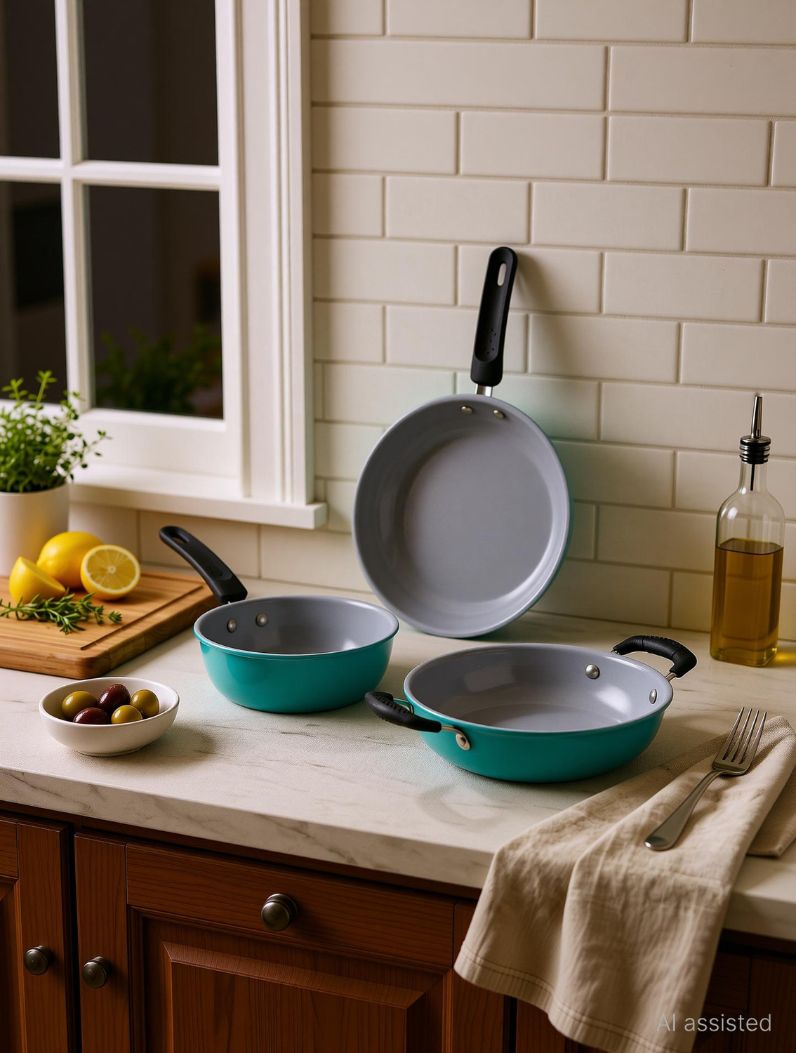 Image of Rk Premium Mini Kadai, Saucepan & Fry Pan PFOA-Free & Stay-Cool Induction Friendly Non-Stick Coated Cookware Set (Iron, 3 - Piece)