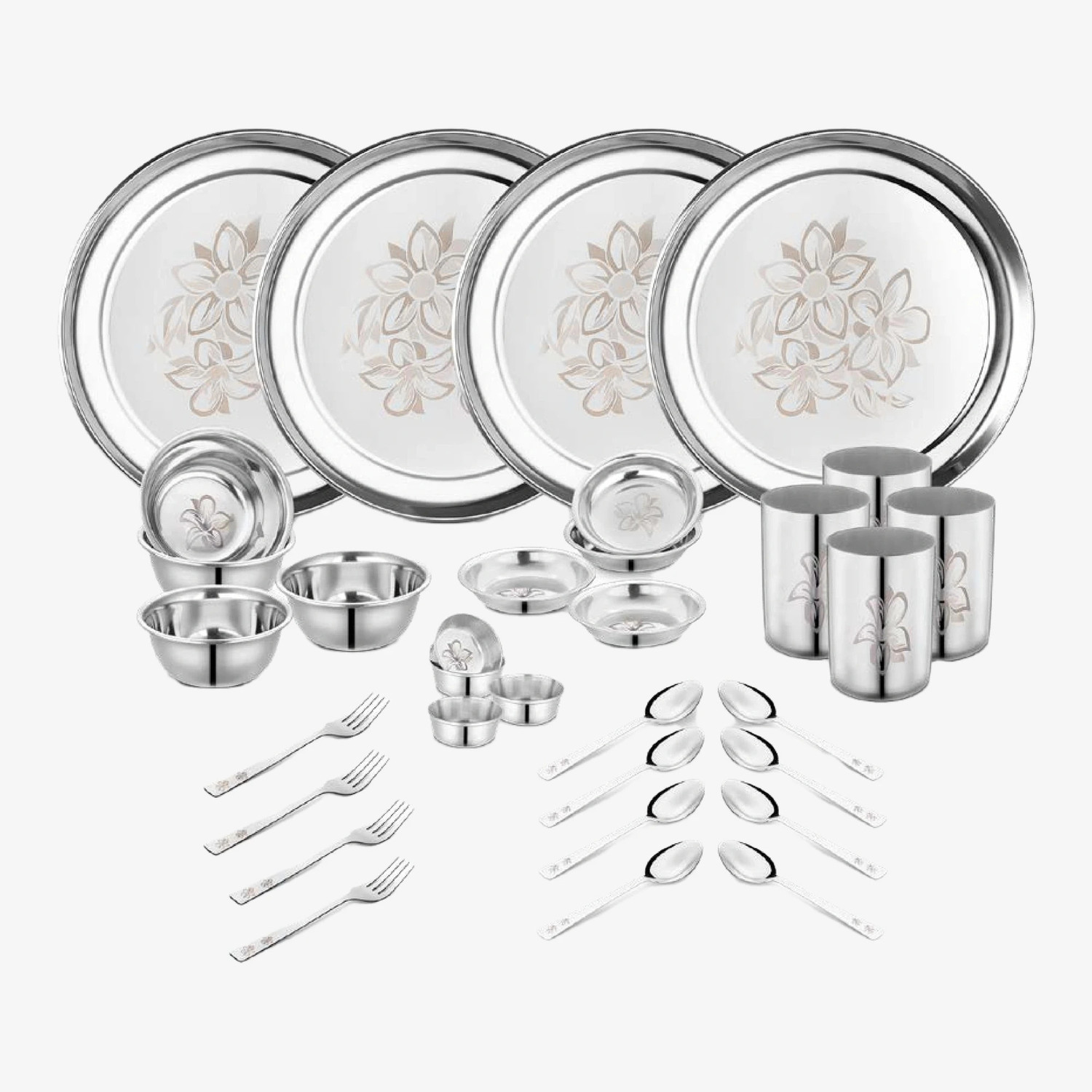 Classic Essentials Pack of 32 Stainless Steel Stainless Steel Glory Dinner set ,32-Pieces,Silver -Heavy Gauge with Permanent Laser Design Dinner Set