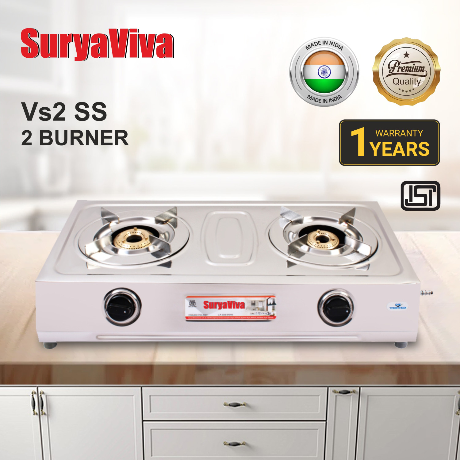 SURYAVIVA 2 BURNER SS VS2 GAS STOVE ISI MARK 1 YEAR WARRANTY Stainless Steel Manual Gas Stove