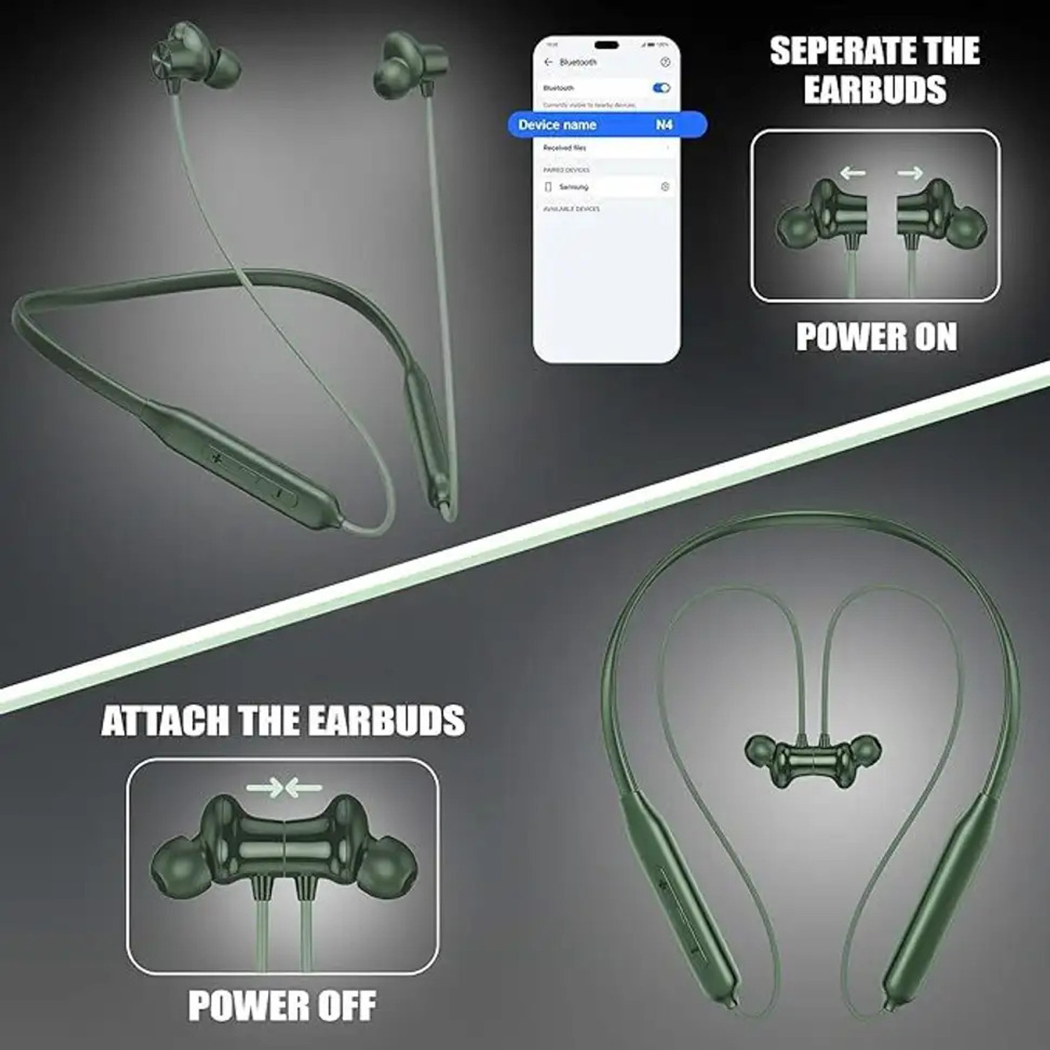 Image of MasterGogo Bullets Wireless M2-MAGNETIC POWER OFF /ON 52Hr Playtime Headphone Neckband Bluetooth Headset (Green, On the Ear)
