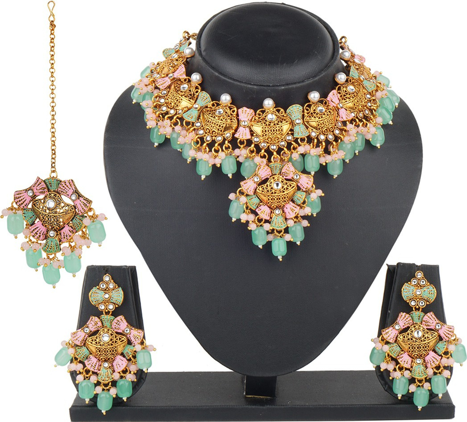 Matushri Art Zinc Gold plated Green Pink Jewellery Set Pack of 1 Price History