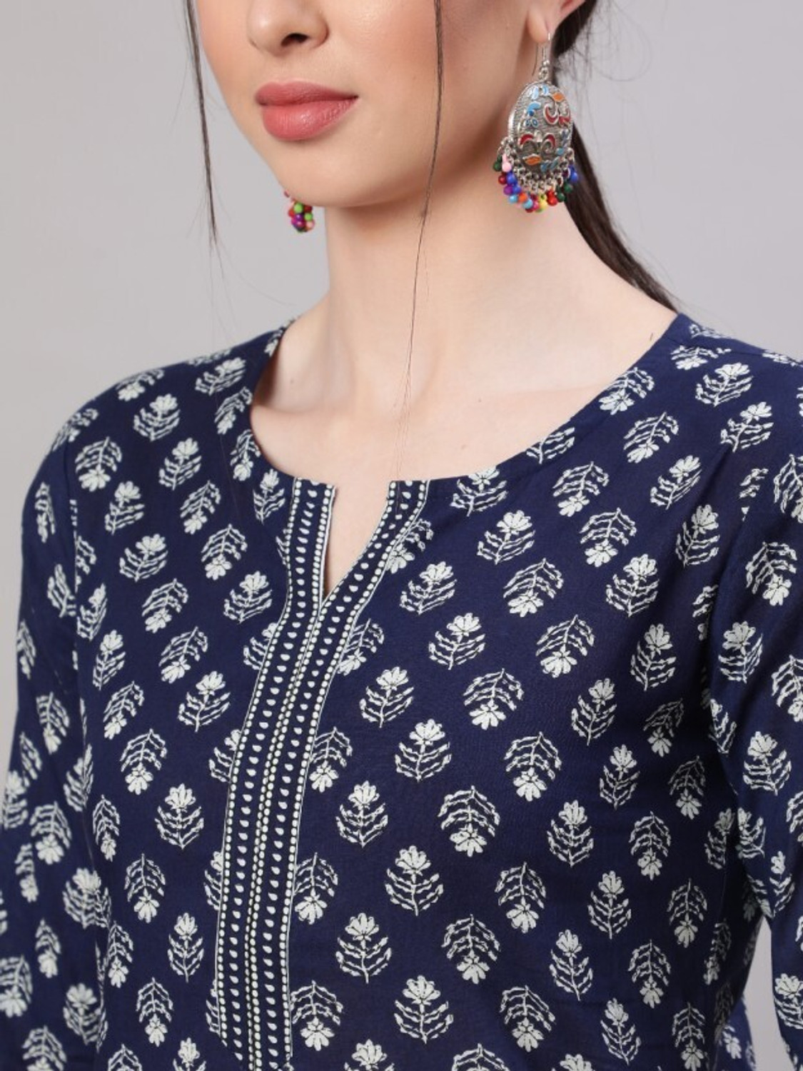Image of PANCHHIRAJ TEXTILE Floral Print Cotton Blend Straight Kurta for Women (White, Brown)