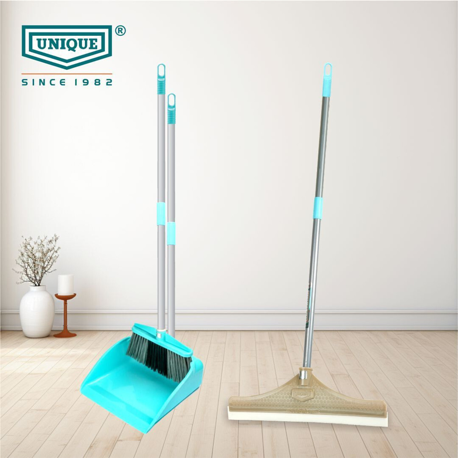 Image of UNIQUE broom with dustpan| long dust pan handle /Sweepy Bathroom wiper for home cleaning Floor Wiper (Multicolor)
