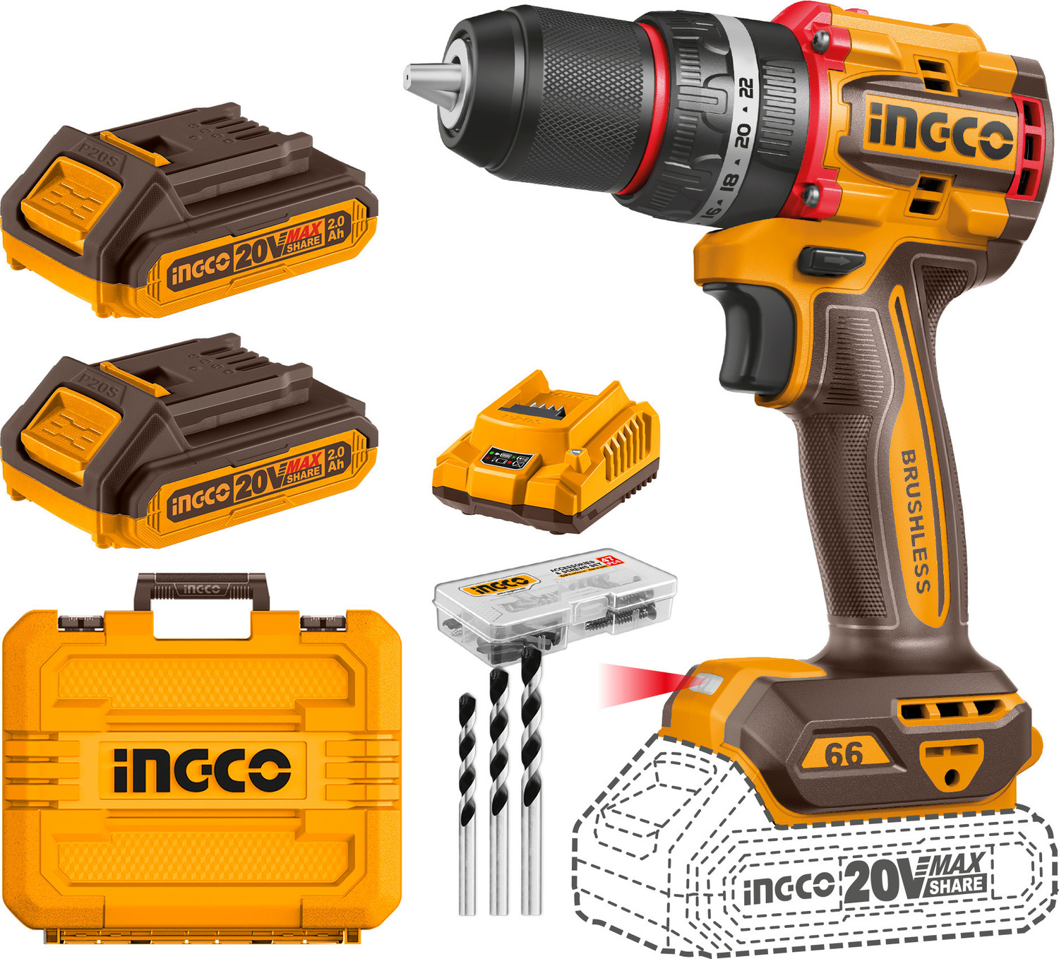 INGCO 20V Compact Brushless Cordless Impact Drill | Power Drill Machine | 66Nm 2*2.0 Ah Batteries | 1 Charger | 47 Accessories | 3 Masonry Drill Bits ...