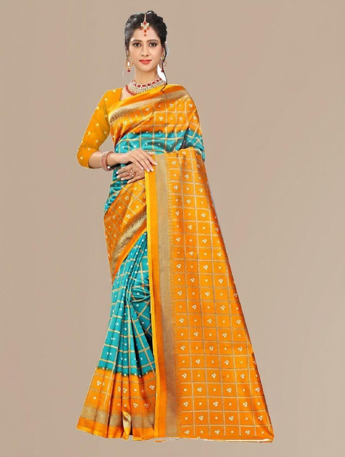 Image of RichEraa Digital Print Banarasi Cotton Silk Saree (Red)