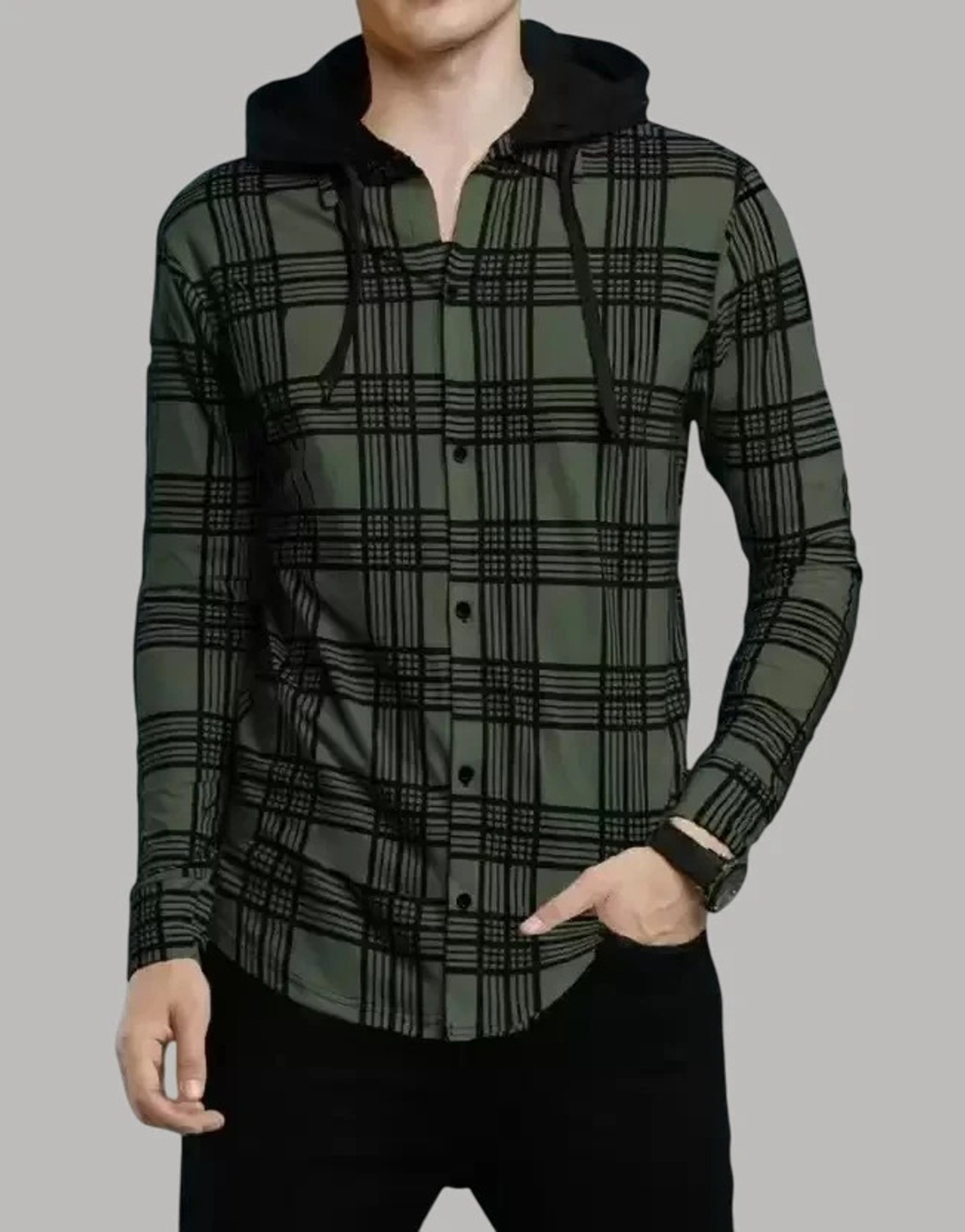 Image of OSCILLATE Men Regular Fit Checkered Hood Collar Casual Shirt