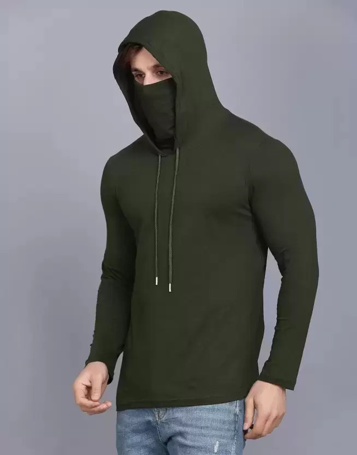 Image of Silcoba Men Solid Hooded Neck Cotton Blend Green T-Shirt