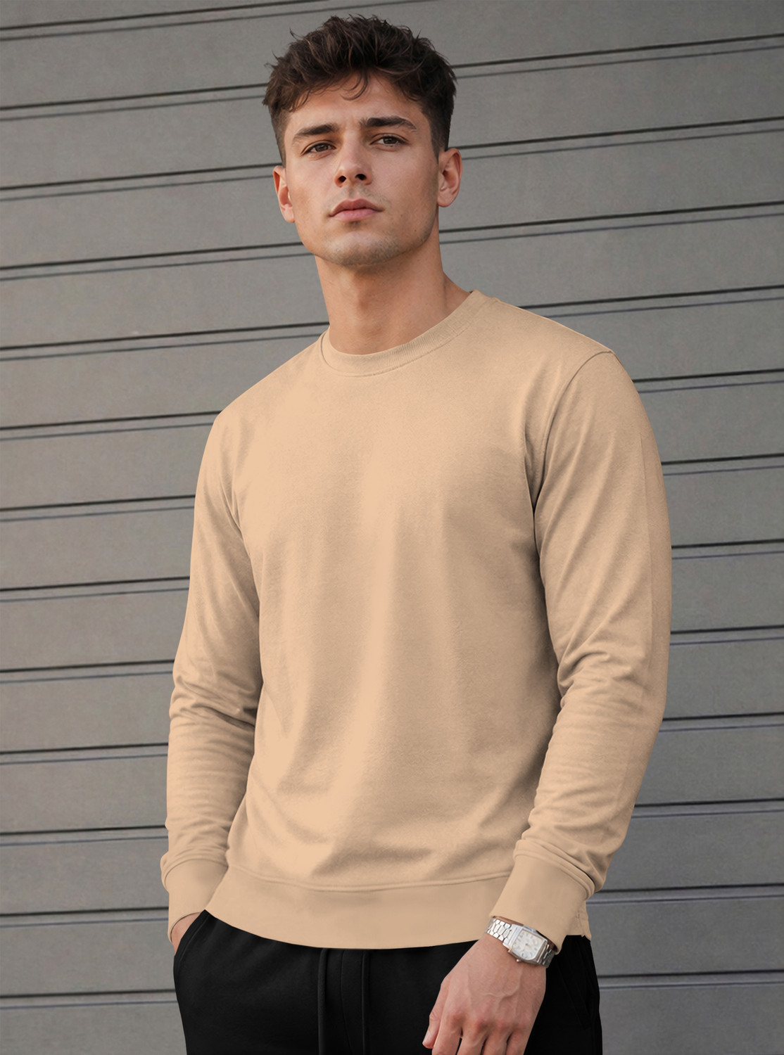 Image of Force Men Self Design Round Neck Polyester Beige T-Shirt
